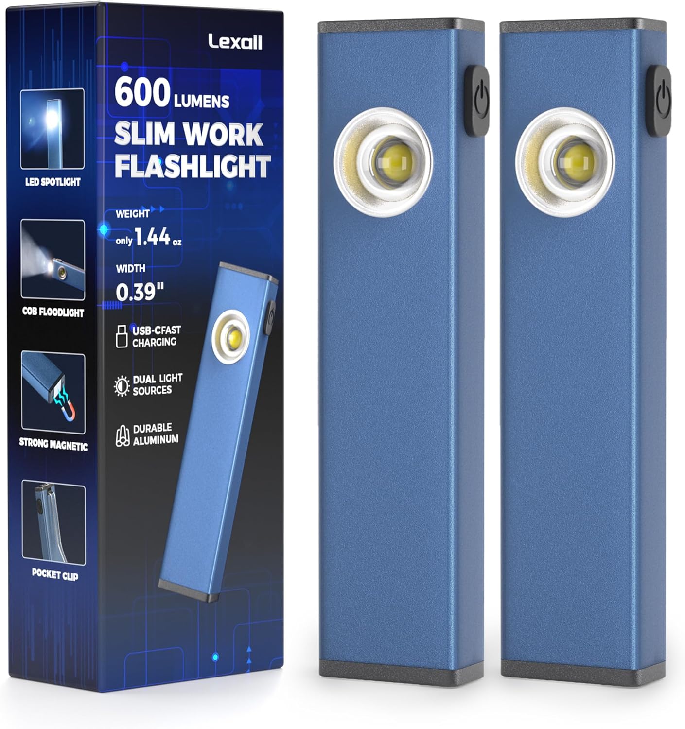 lexall 2 Pack Rechargeable Work Mild, 600 Lumens Moveable LED Flashlight, Magnetic COB Flat Activity Mild with Pocket Clip, 3 Modes, Pocket Pen Inspection Mild for Repairing, Tenting, Climbing, Emergency