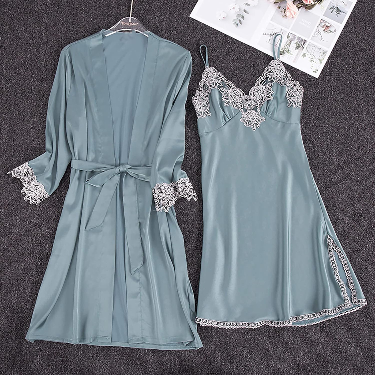 Womens Silk Satin Pajamas Set 5pcs Sleepwear Sexy Lace V Neck Cami Shorts Set Side Split Nightgown Pants Loungewear with Robe