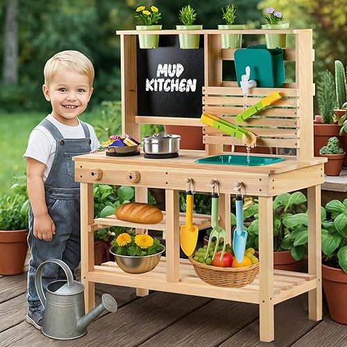 Miniatura 4 de Construcción de ensueño Cocina de barro para niños al aire libre, juego de cocina de madera para niños pequeños con fregadero, utensilios de cocina,