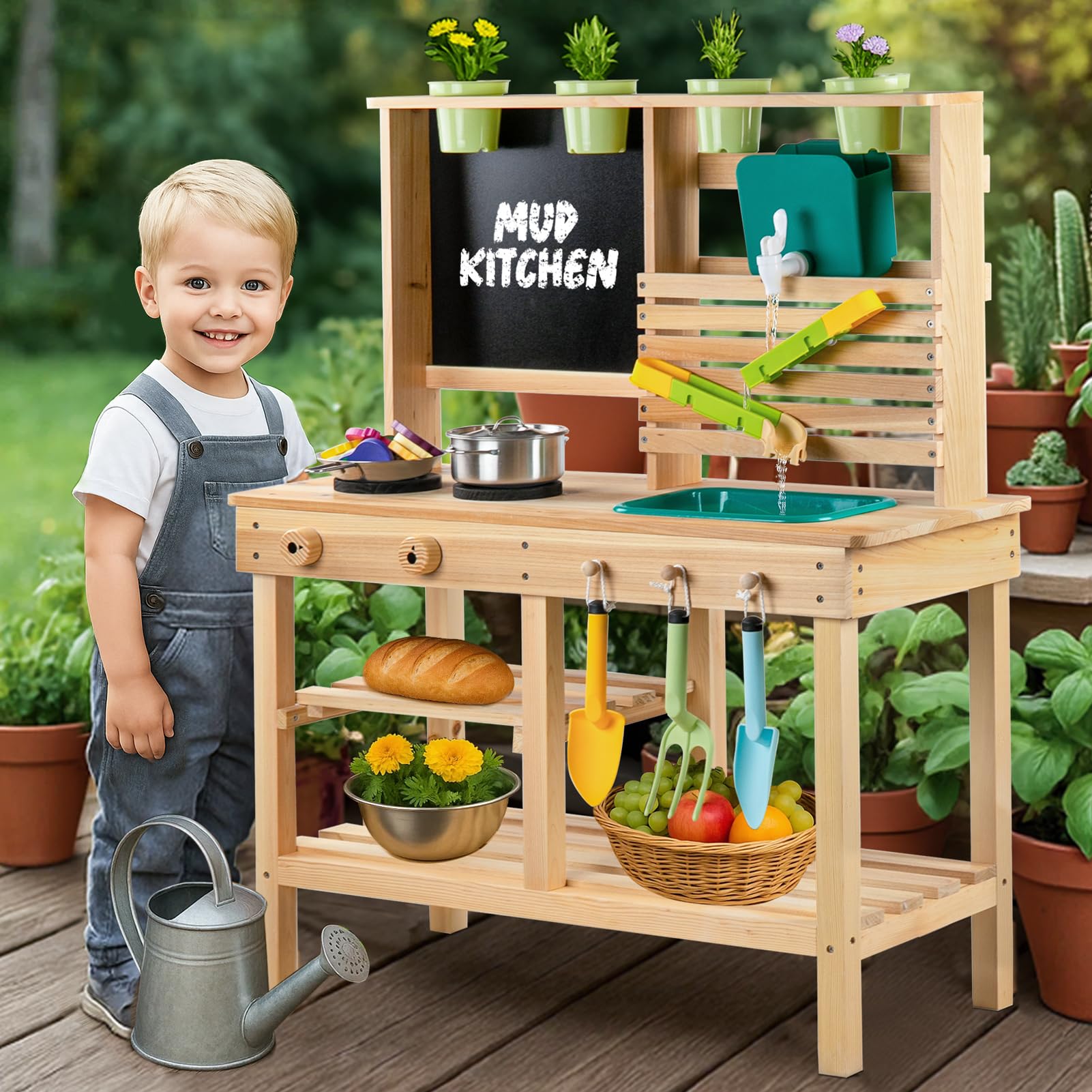 [DREAM BUILDING] Mud Kitchen for Kids Outdoor, Toddler Wooden Pretend Play Kitchen Playset with Sink, Cookware, Stove, Chalkboard, Faucet & Storage