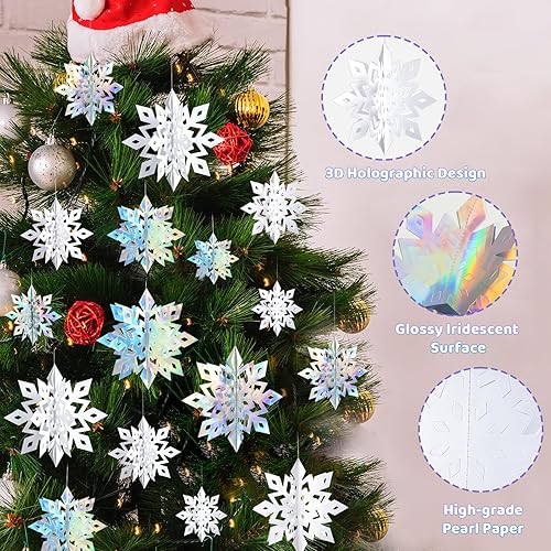 Miniatura 5 de Decoraciones navideñas de copos de nieve para interiores, 24 piezas de copos de nieve de papel 3D, adornos colgantes de copos de nieve blancos para