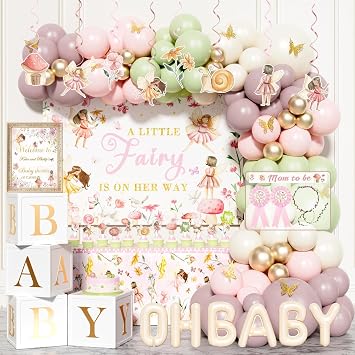 Fairy Baby Shower Decorations, 170PCs Woodland Fairy Theme Party Supplies for Girls, A Little Fairy is On Her Way with Backdrop Tablecloth Balloon Boxes Cupcake Toppers Flower Crown