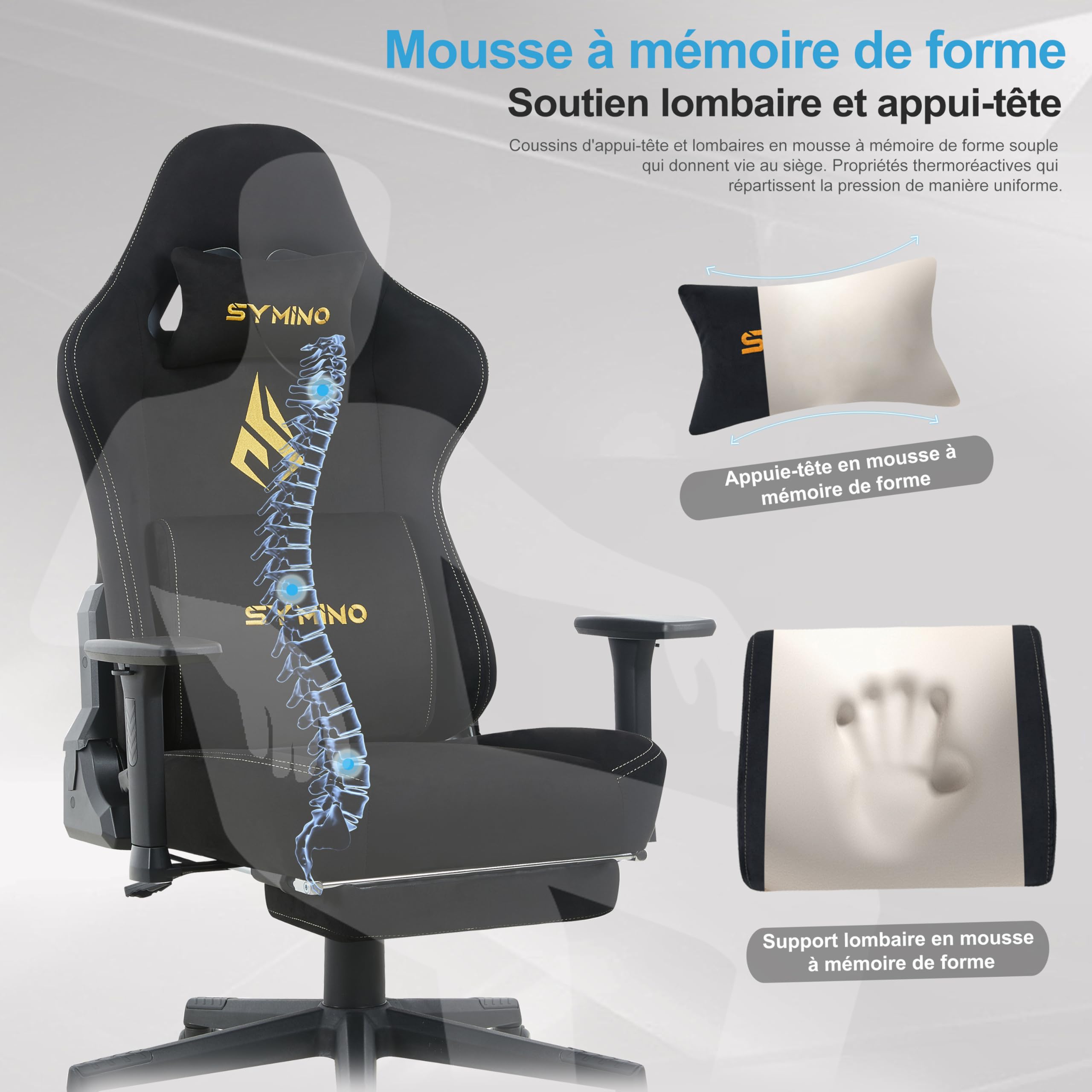 Symino Chaise Gamer XL, Siège Large Mousse+Latex, Support Lombaire & Tête, Inclinaison 175°, 300kg, Roues Silencieuses Incluses (Faux Daim, Noir)