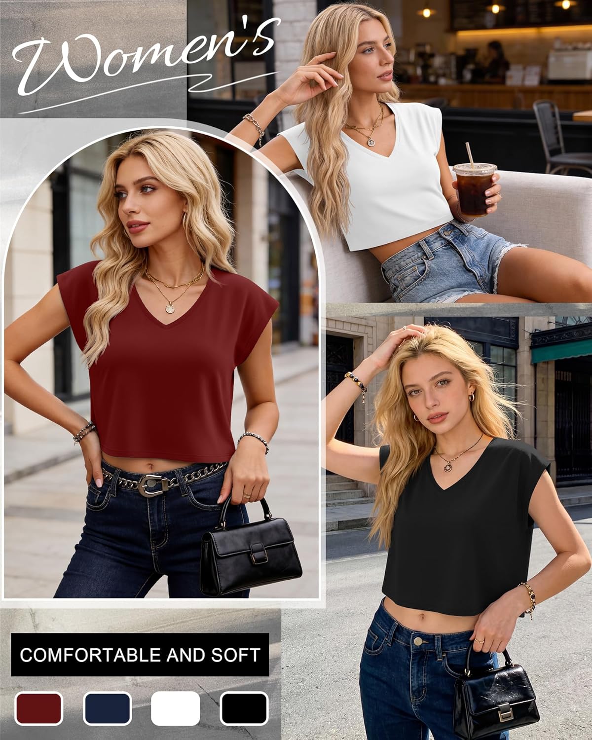 4 Pack Women's V Neck Cropped Tops Cap Sleeves Short T Shirts Loose Fit Casual Summer Crop Basic Solid Tees - Image 3