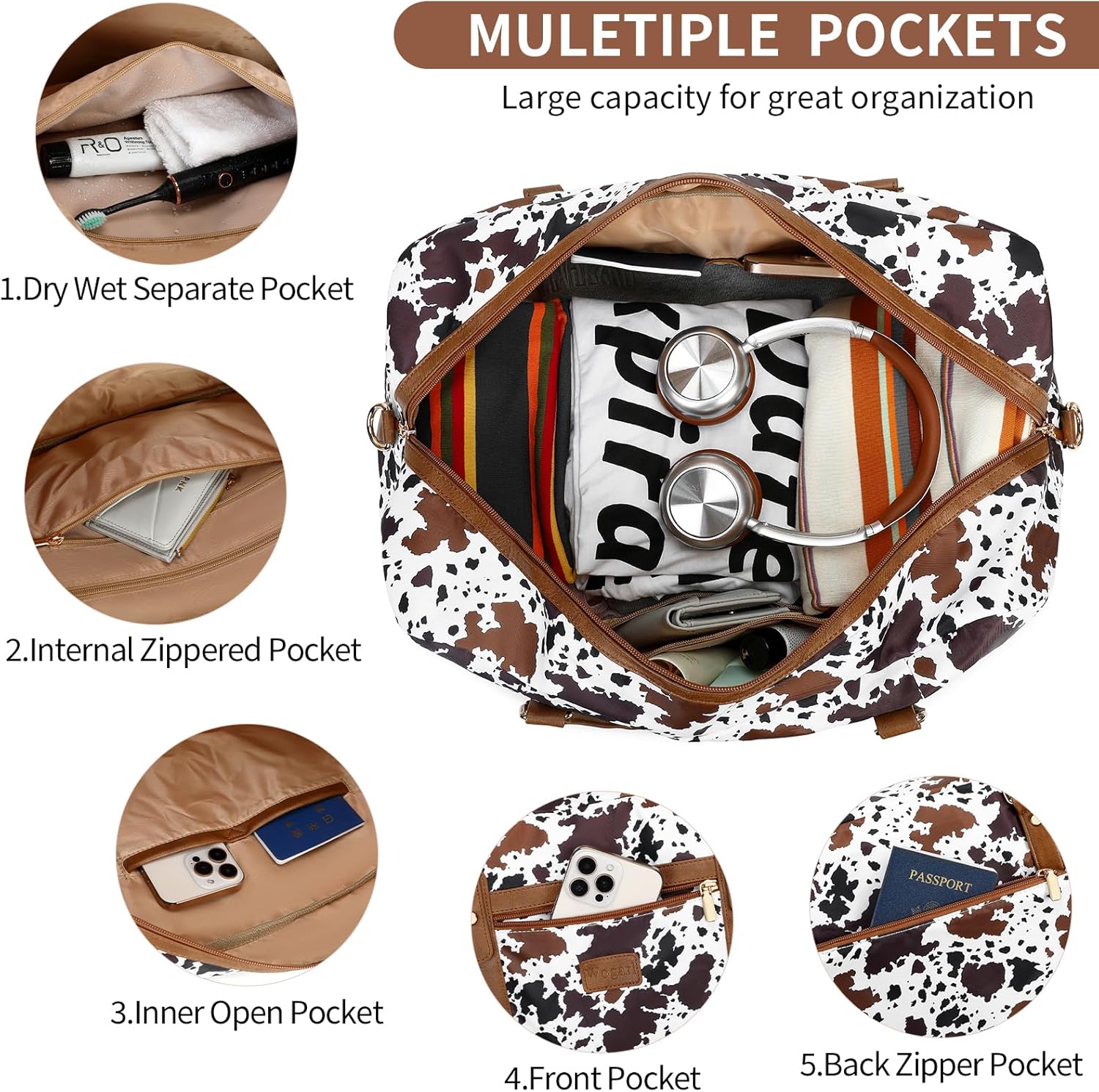 Wogarl 3PCS Weekender Bags for Women Large Overnight Bag Weekend Travel Duffel Bag Carry on Shoulder with Shoe Compartment Toiletry Bag Satchel Bag for Travel Business Gym,Brown Cow