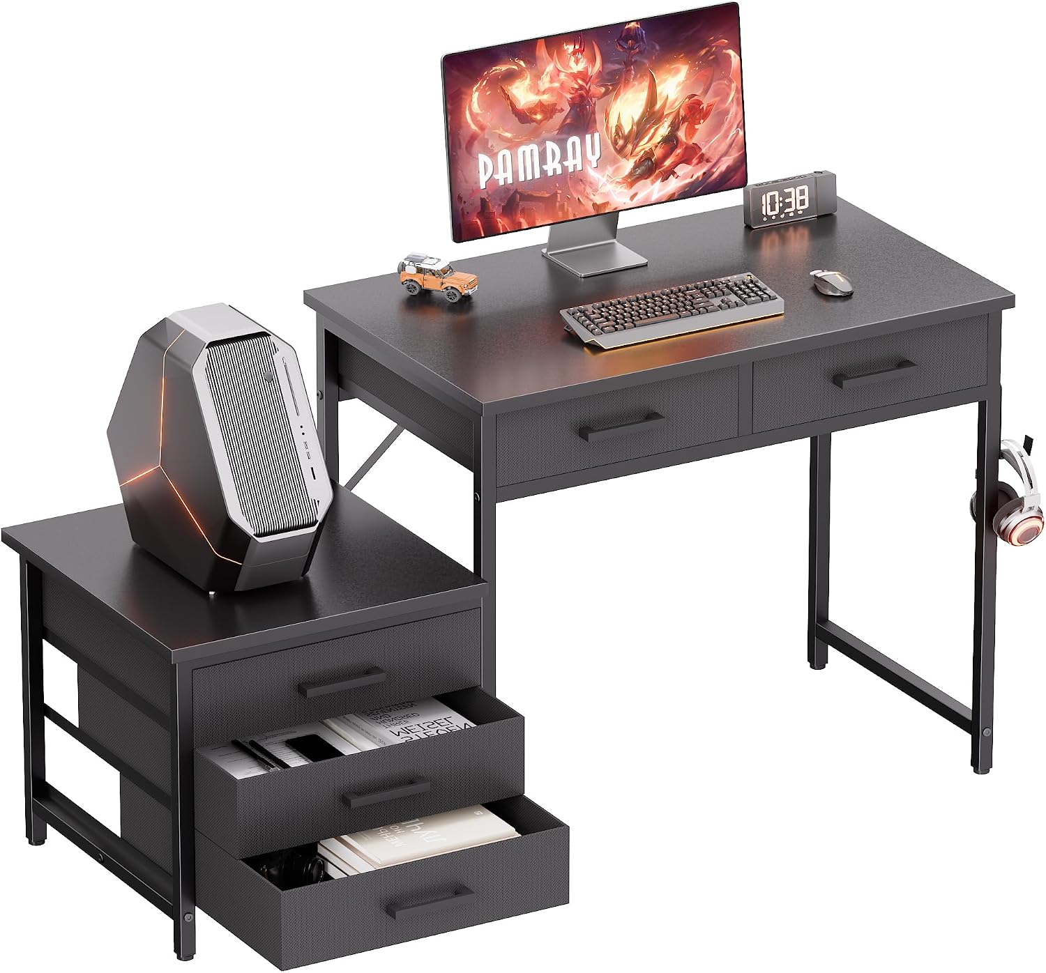 Pamray 47 inch Computer Desk with 5 Drawers and Printer Space for Office | Ample Storage, Space-saving, Easy Assembly, Sturdy, Suitable for Home Office, Study and Writing, Bedroom and Dorms