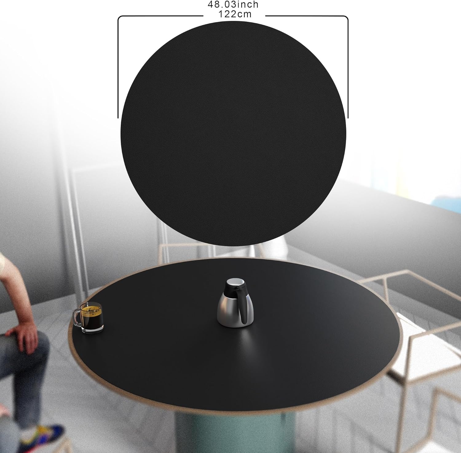 Vyaaa PU Leather & Cork Round Placemats, 48" Large Table Cloth, Cuttable Table Cover, Round Table Runner Protector, Suitable for 41"- 48" Dining Coffee Table(Black)