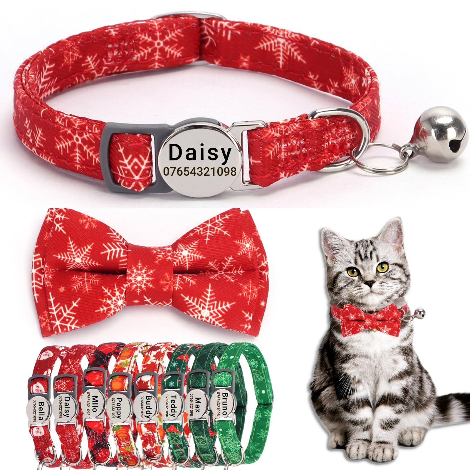 SEOUGEE Christmas Cat Collar Personalised with Bowtie & Bell, Quick Release Adjustable Breakaway Safety Cat Collars, Custom Engraved Name Tag for Cats Kitten Puppy (Red Snowflake, 19-30cm)