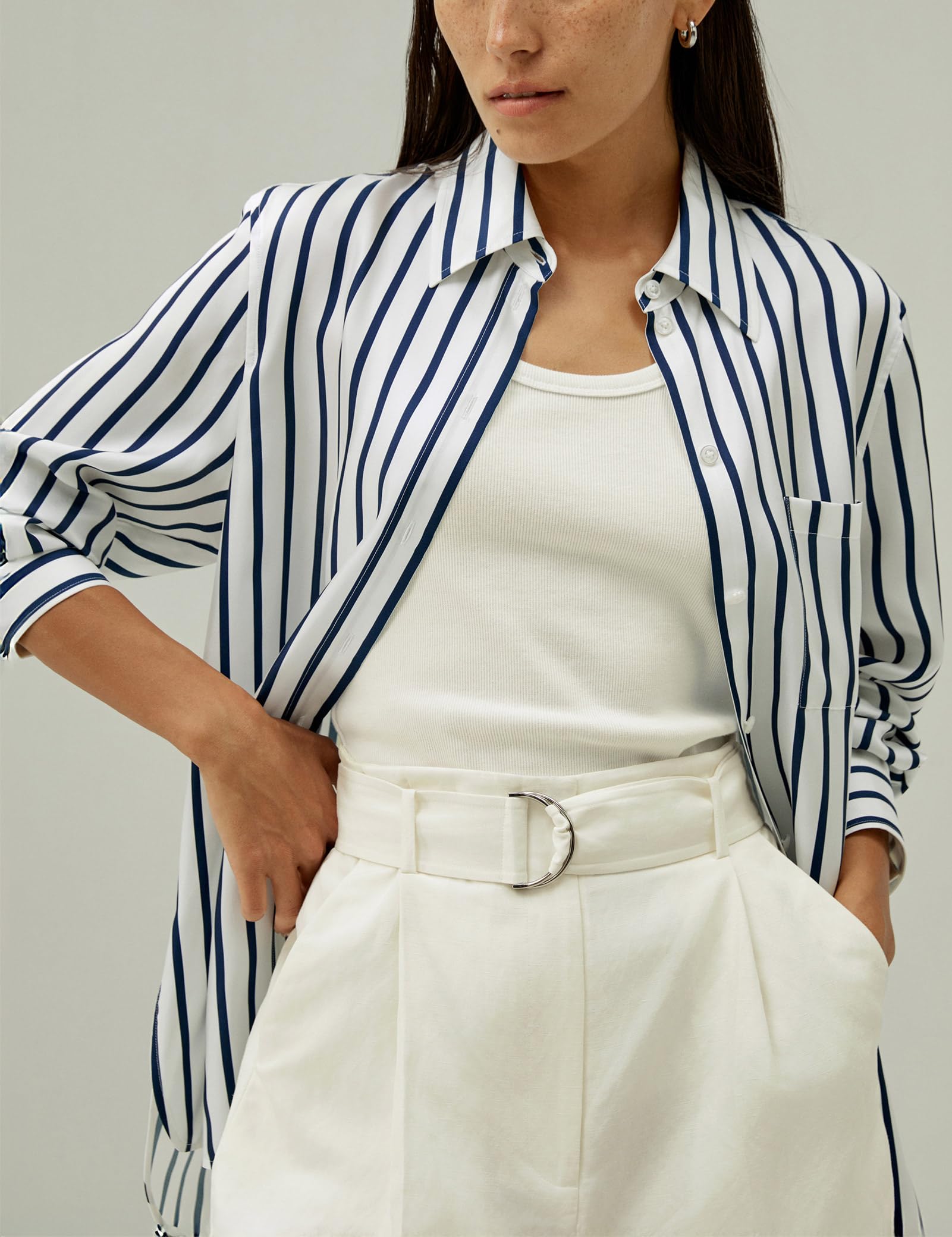 LilySilk Damen Oversized Seidenbluse Satinpaspeln an Ärmeln und Kragen Zeitloses Design für Büro und Freizeitoutfits