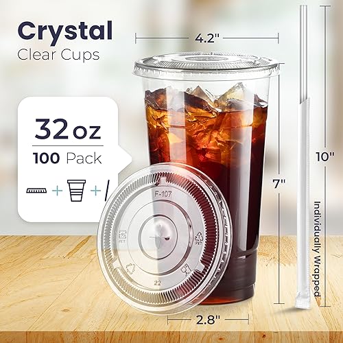 Miniatura 2 de Fit Meal Prep Paquete de 100 tazas de plástico para café helado de 32 onzas con tapas planas y pajitas transparentes, vasos transparentes