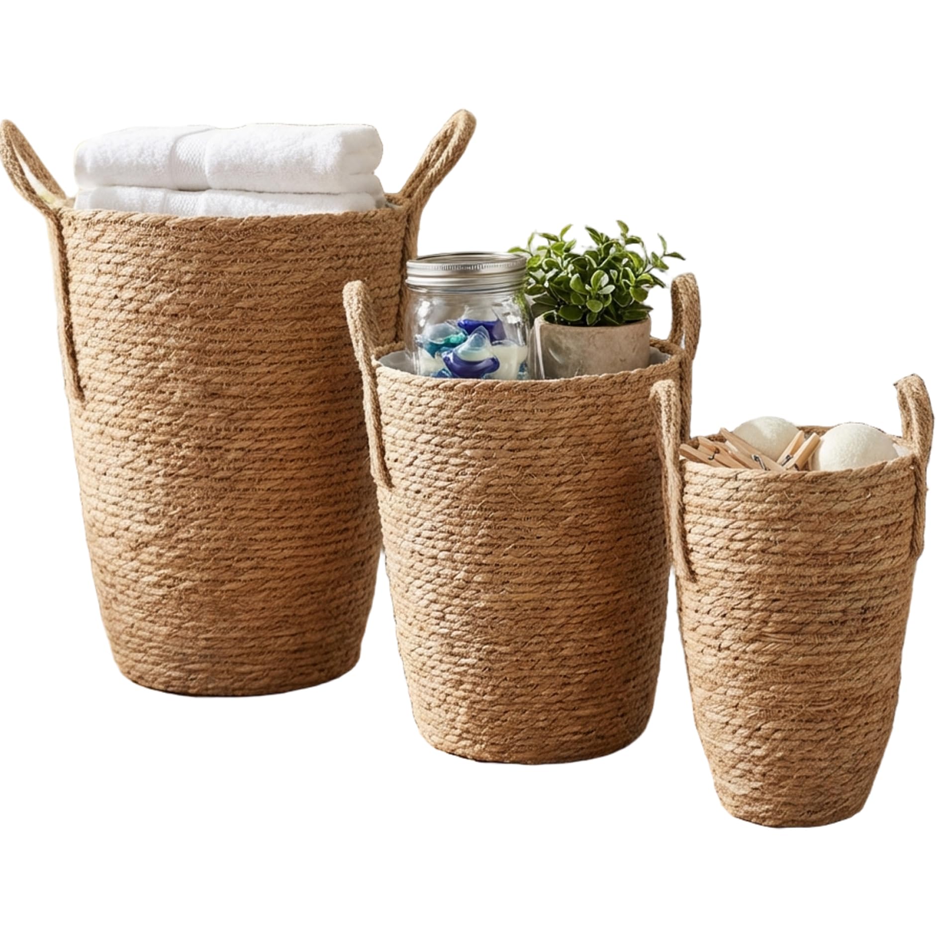 Lot de 3 Pots de Fleurs en rotin, 3 Tailles, Panier à Plantes tissé en jonc mer avec Doublure imperméable, paniers à Plantes d'intérieur avec poignée pour Balcon, décoration la Maison
