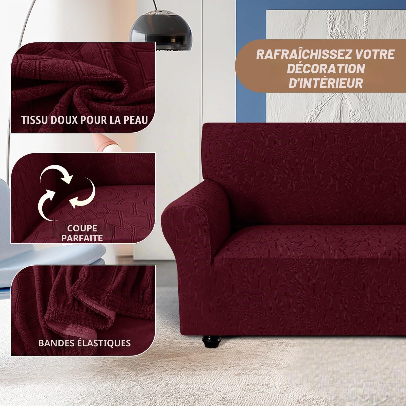 Ystyle Housse Canapé 3 Places, Housse De Canapé Extensible Universelle, Couverture Canape Antidérapante Lavable, Protege Canape Chien Chat, Protection Canapé avec Accoudoirs, Bourgogne