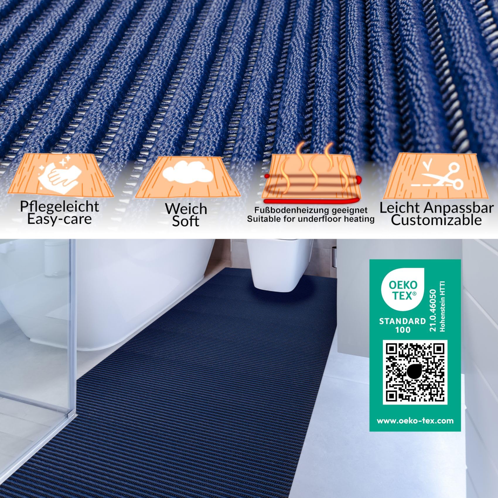 ANRO Alfombrilla de baño de espuma suave, antideslizante, color azul, 65 x 220 cm