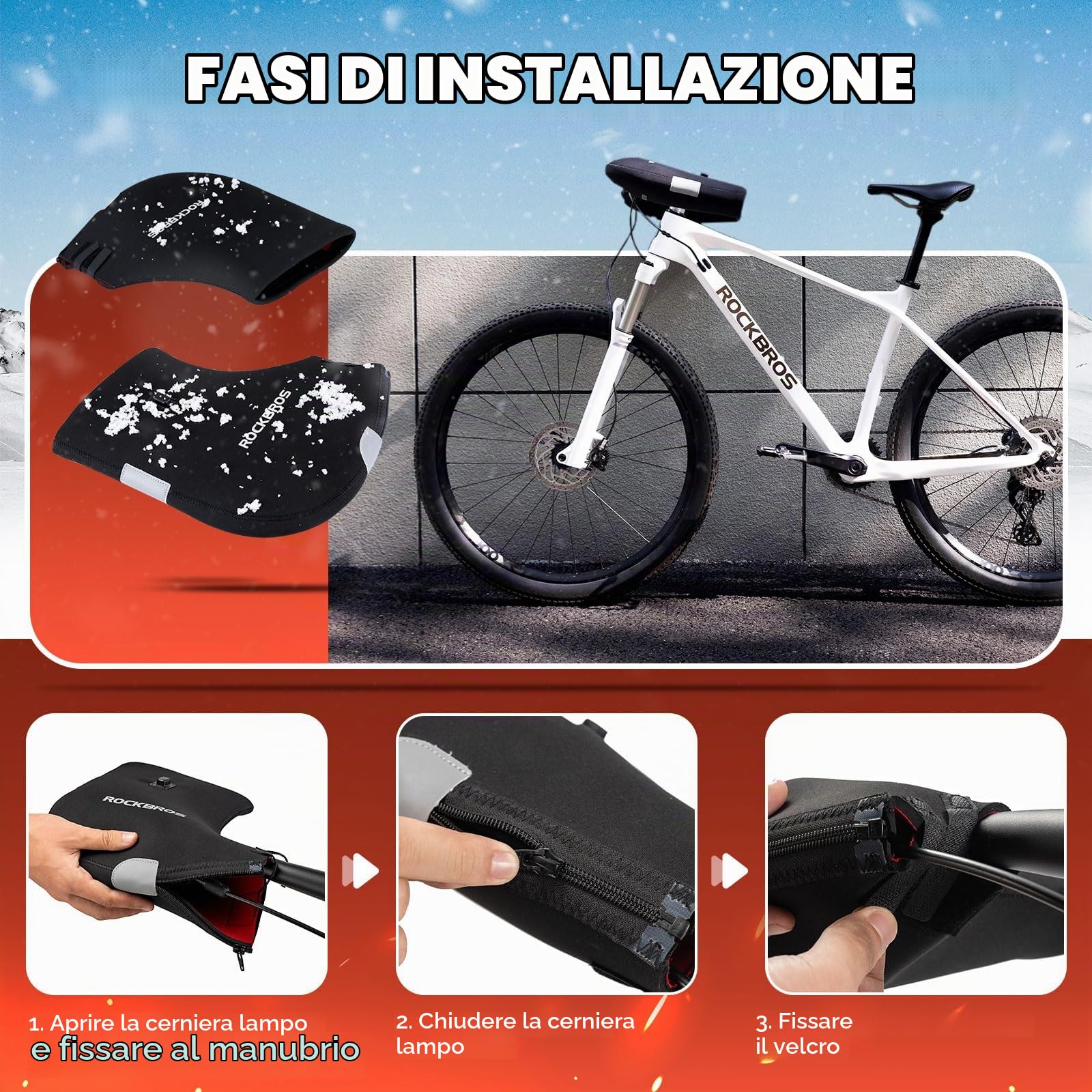 ROCKBROS Guanti Manubrio Bici, Guanti Termici Riscaldati, Guanti Invernali Moto, Guanti da Manubrio Impermeabili Antivento, Strisce Riflettenti, per Bicicletta, MTB, Uomo e Donna, Nero