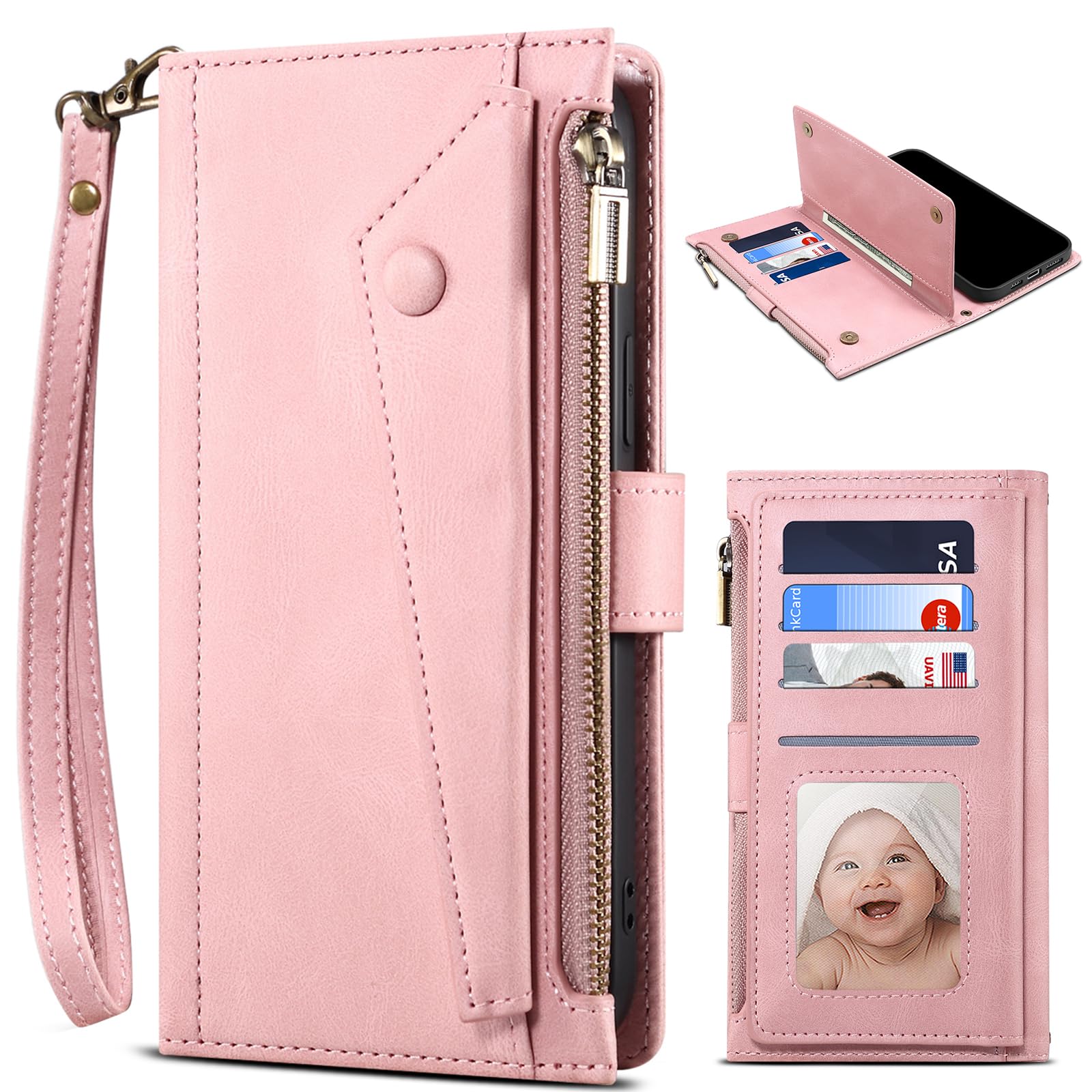 Étui pour Honor X9A à rabat aimanté et compartiment zippé couleur rose - 8