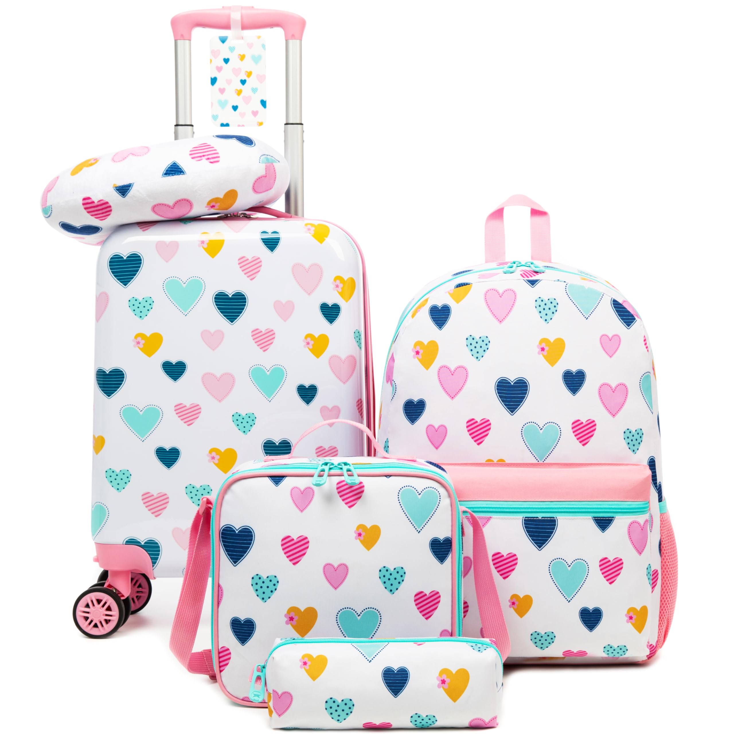 Kid's Luggage Set 5 Piece Suitcase Set 16" Hardside Luggage with Spinner Wheels Girls Carry on Toddler Travel Rolling Suitcase with Neck Pillow Airline Approved