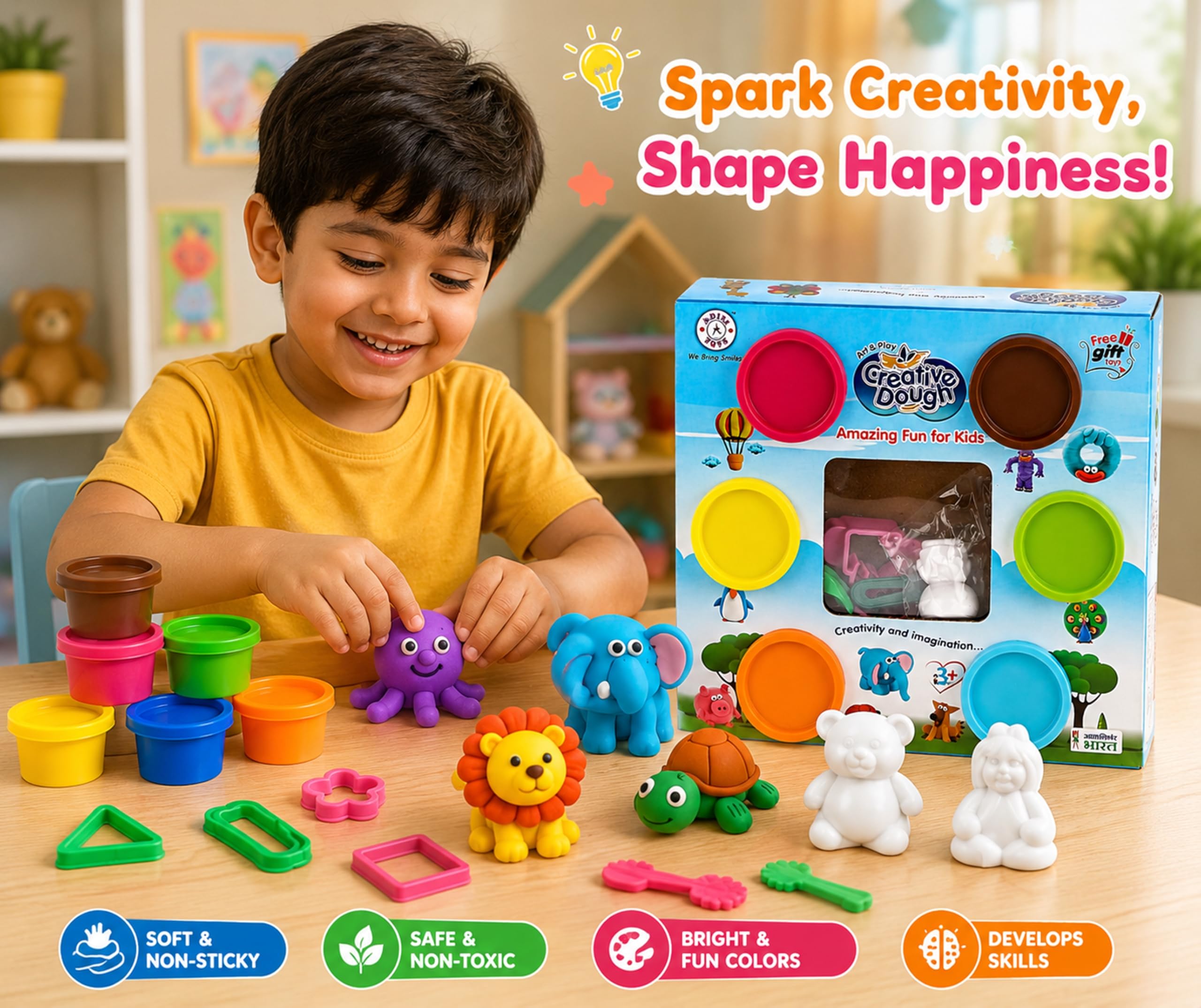 Fratelli Dough Clay Modeling Kit for Kids | Non-Toxic | Air Dry Colour Clay with Moulds |DIY Art & Craft Activity Set | BIS Approved |Creative Learning & Pretend Play Toy for Boys & Girls | 3+ Years | 30g | Pack of 6 2