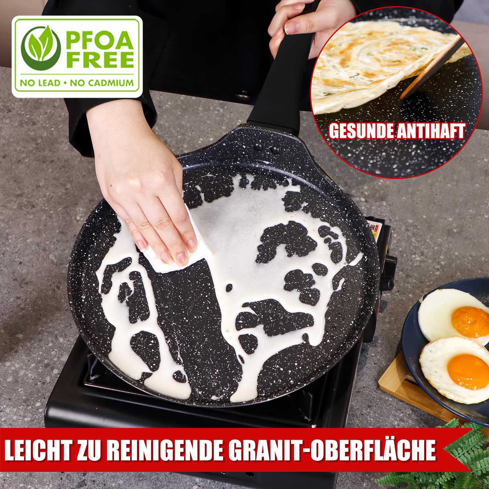 diig Sartén para crepes (28 cm, antiadherente, tortilla, con distribuidor de masa y pala de madera), color negro