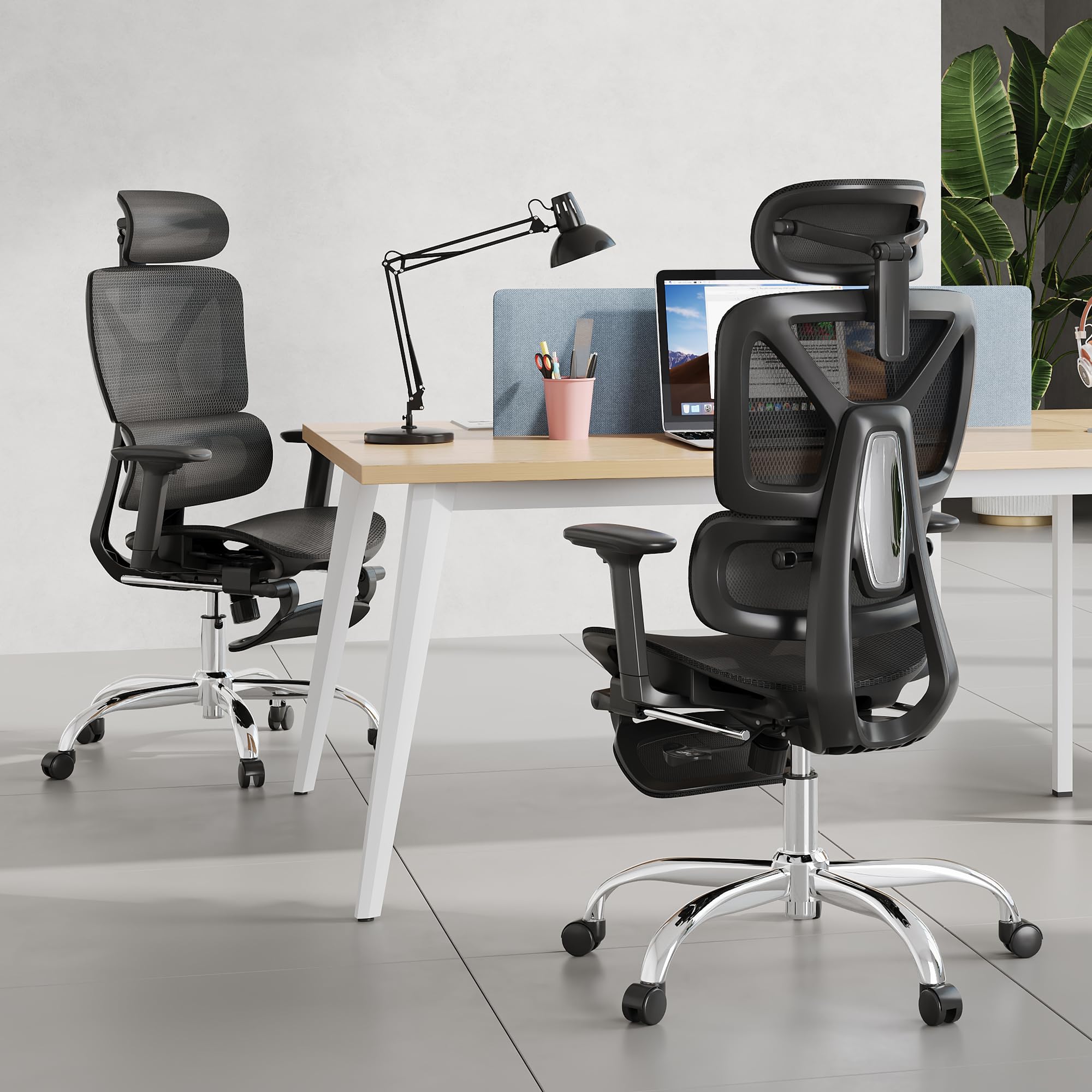 DEVAISE Silla ergonómica Oficina + Respaldo reclinable + Soporte Lumbar y reposapiés + Ruedas silenciosas y Malla Transpirable + Ideal para teletrabajo y Estudio + Negro