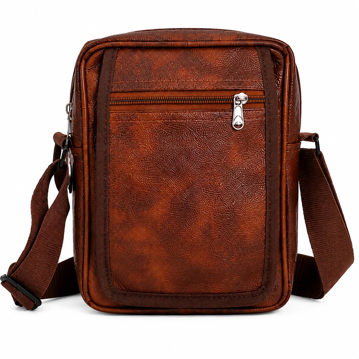 Premium Rexine Sling Bag for Men & Women | Unisex Crossbody Messenger Bag | Adjustable Shoulder Strap | Multiple Zip Compartments | Water-Resistant | Brown | 23 x 22 x 7 cm-picture-24
