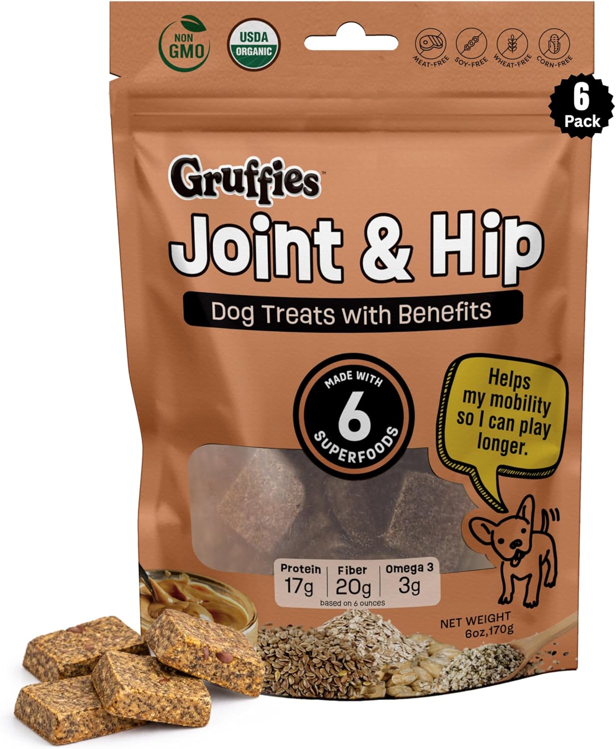 Gruffies Organic Hip & Joint Dog Treats Natural Joint Supplement for Dogs with Turmeric & Ginger, Healthy Peanut Butter Treats for Mobility, Vet Approved, Non-GMO, Made in Canada, 6 oz (Pack of 6)