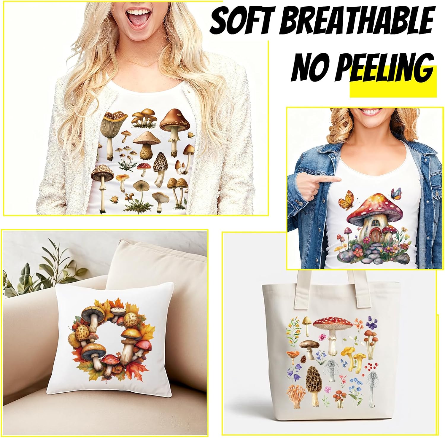 SUPERDANT 9Pcs Mushroom Iron on Transfer Paper Natural Colorful Heat Transfer Sticker Washable Iron on Decals for T Shirts DTF Transfers Ready to Press for Woman Clothing Hoodie Jackets DIY Gift