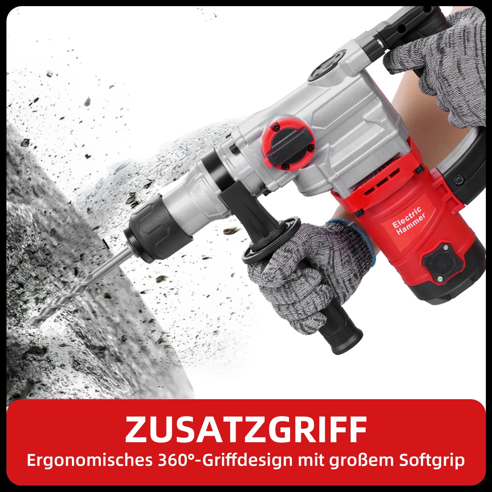SDS Plus 1900 W, manico antivibrazione e frizione di sicurezza, con accessori, scalpello e valigetta, per calcestruzzo, muratura, pareti, due modalità. Il diametro massimo di perforazione nel