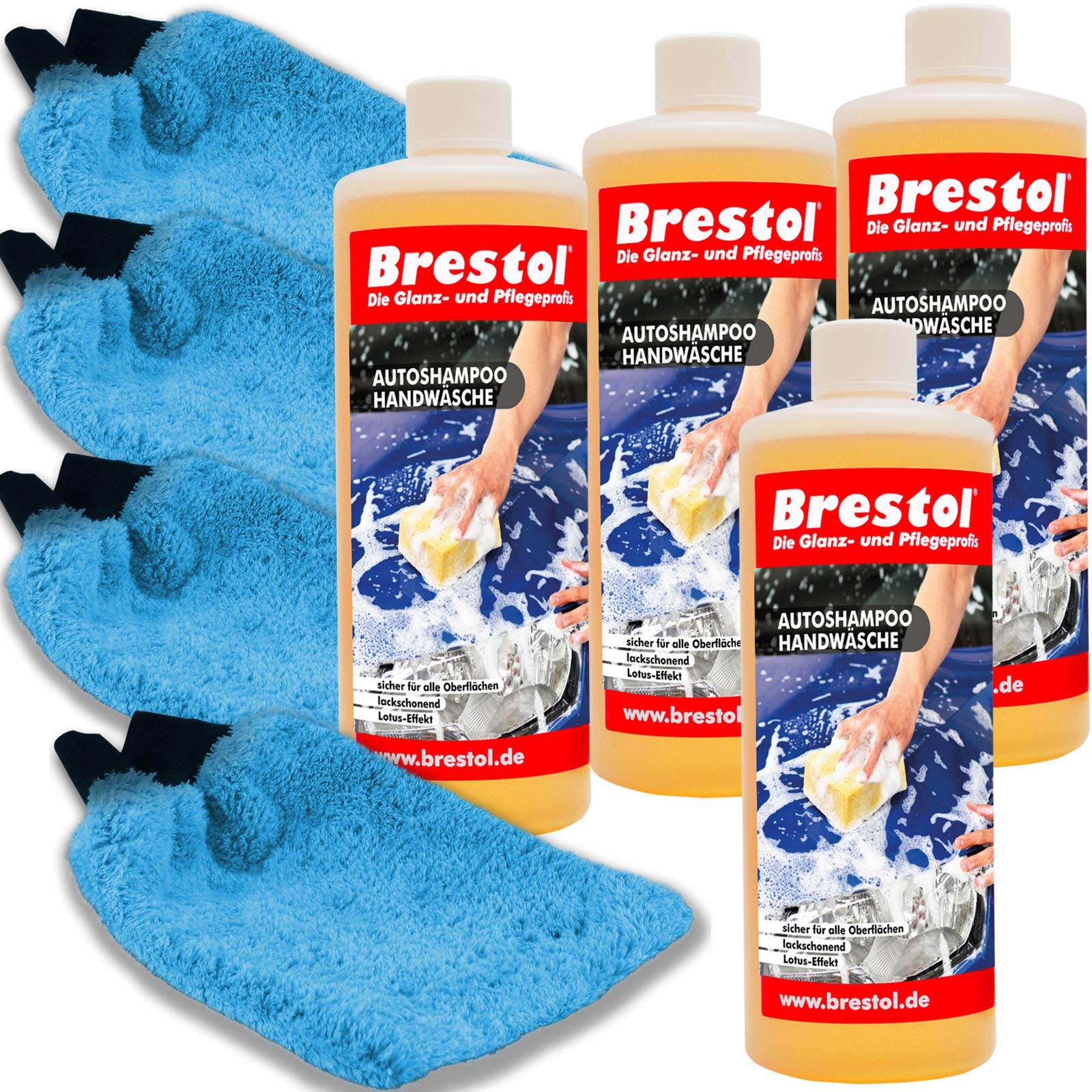 Brestol Autoshampoo SET3 4x 1000 ml Konzentrat + 4x Waschhandschuh - Autowäsche Abperleffekt geeignet für Foam Master Schaumsprüher Schaumsprühgerät oder manuelle Fahrzeugwäsche