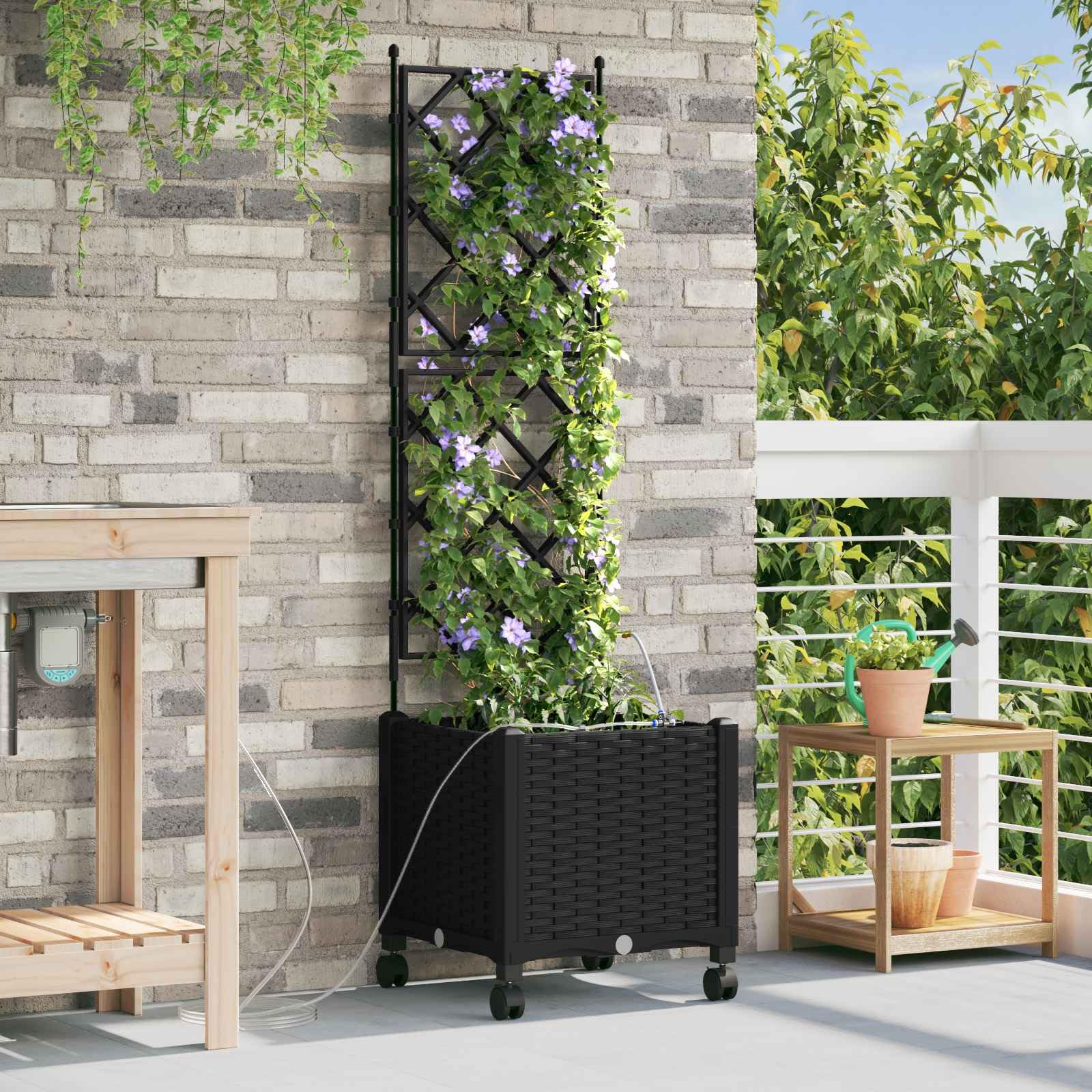 Fioriera con traliccio e ruote, set di irrigazione, 40 x 40 x 148 cm | Fioriera mobile in polipropilene con traliccio e sistema di irrigazione automatico per terrazza e giardino.