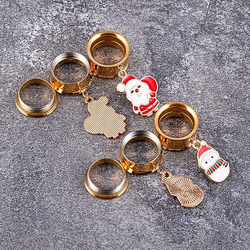 Miniatura 4 de Christmas Style Gold Dangle Ear Gauges Double Flared Plugs Tunnels Stainless Steel Screw Back Earrings Santa Claus Snowman Gauge 2g to 1"