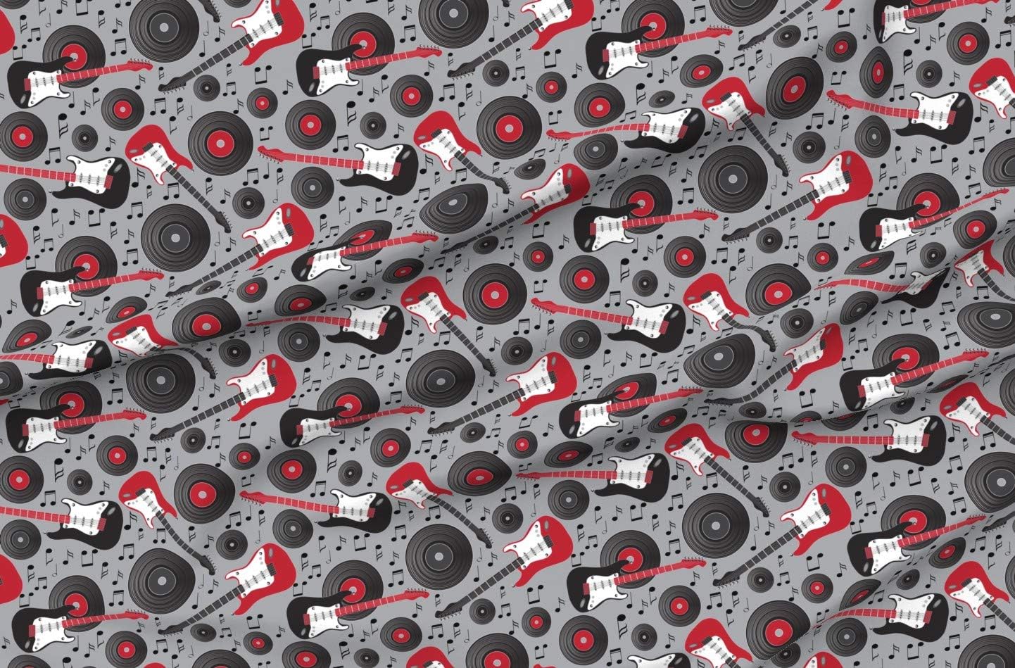 Spoonflower Fabric - Guitars Records Gray Rock Roll 1950S Dancers Printed on Organic Cotton Sateen Fabric by The Yard - Sewing Quilting Apparel Home Decor