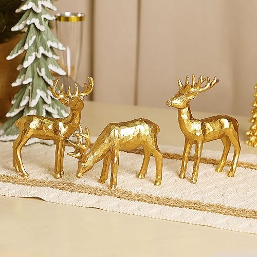 Miniatura 6 de Lulu Home 3 piezas de decoraciones de mesa navideñas, figuras familiares de renos dorados de resina con diversas posturas, centros de mesa de