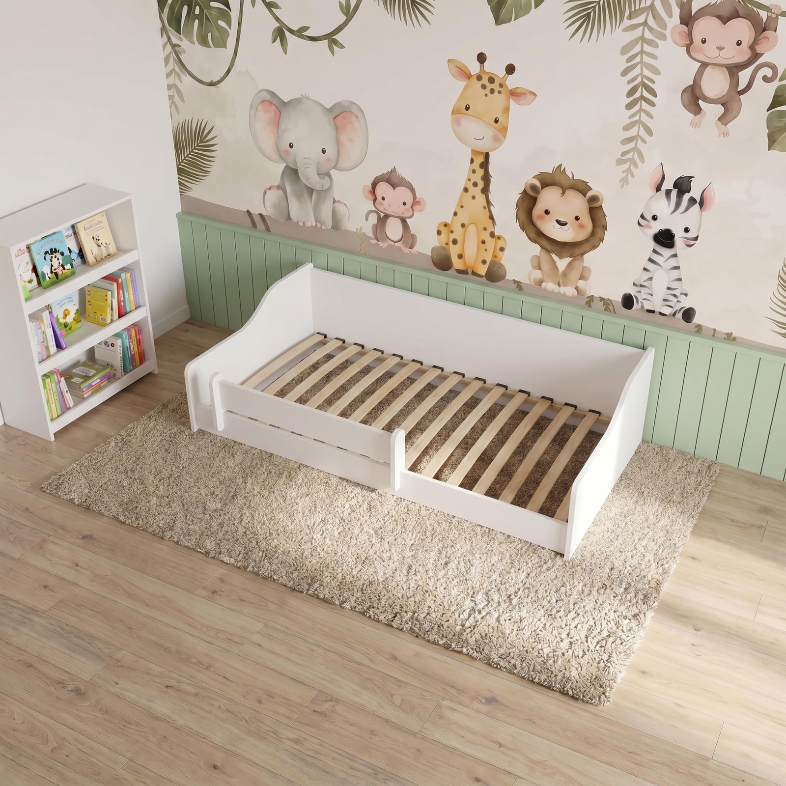 KOBI Montessori Bett mit Boden, 160 x 80 cm, Weiß, ohne Matratze, sicheres Bett mit Schutzbarriere, elegant und bequem für das Kinderzimmer