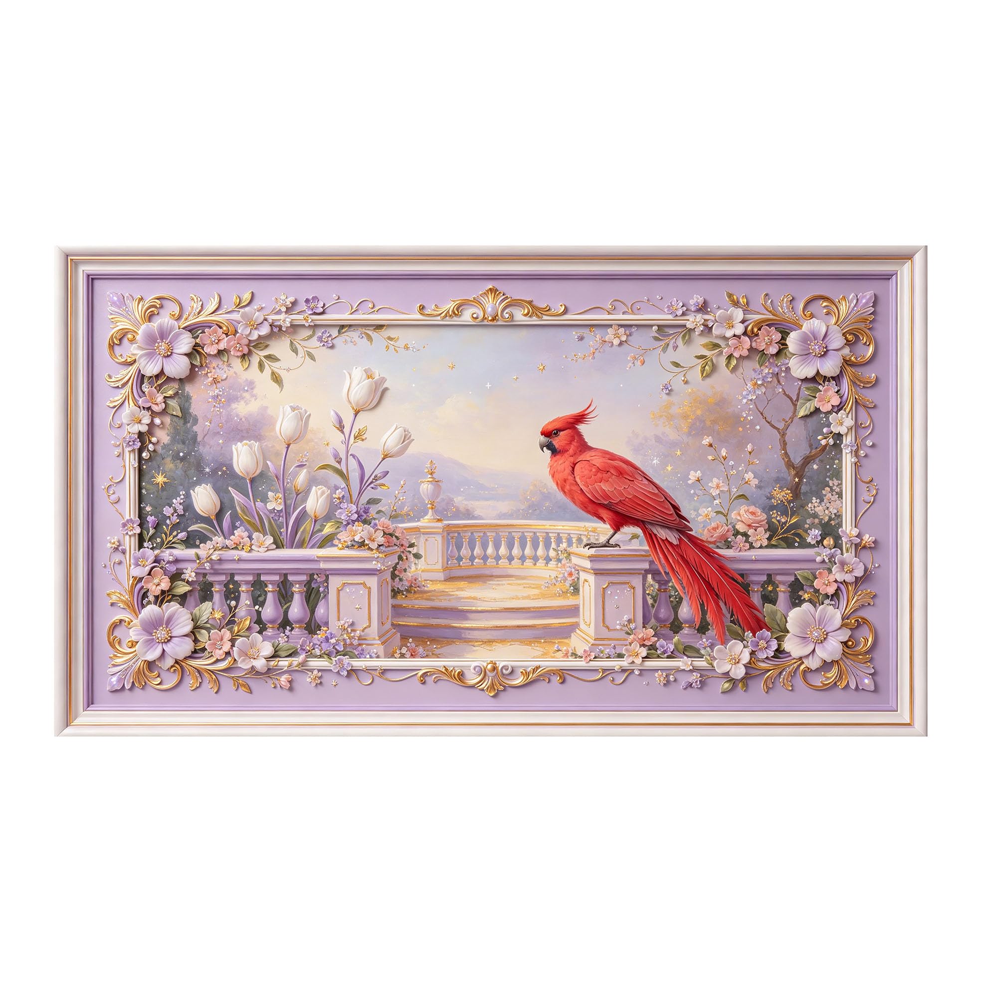 Yzpallescene 3D 3D Framed Wall Art 50cm×90cm Red Bird Floral Baroque Garden Large Size SelfAdhesive Removable Wall Decor Prints Artwork for Living Room Bedroom Office
