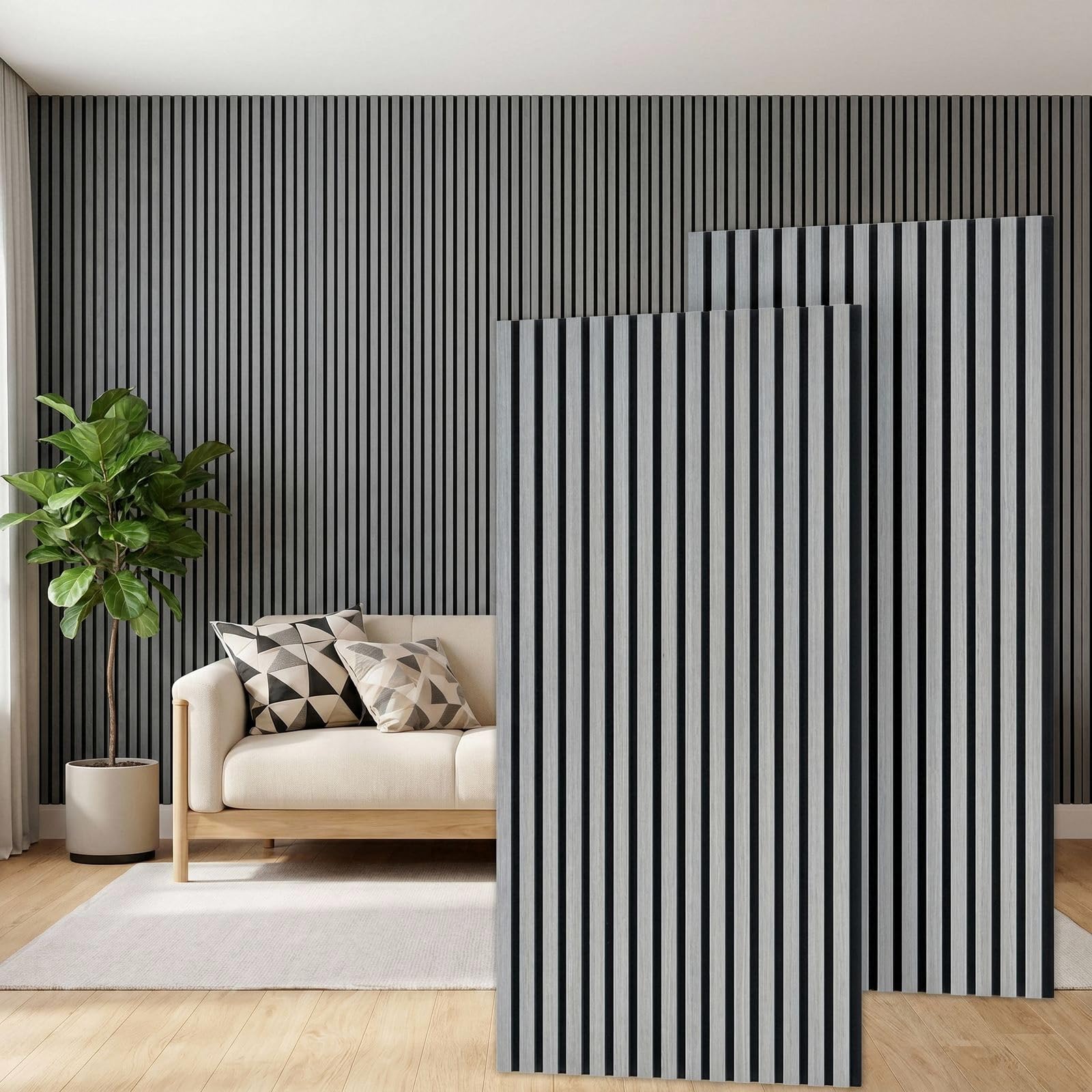 Clevich 3D Akustikpaneele 120x60x2.1cm, Wandpaneele in Holzoptik als Schallabsorber, Paneele Holz Optik, Wandverkleidung Innen, Panels für Wohnzimmer, Küche, Büro, Garderobe, Graueiche, 2 Stück