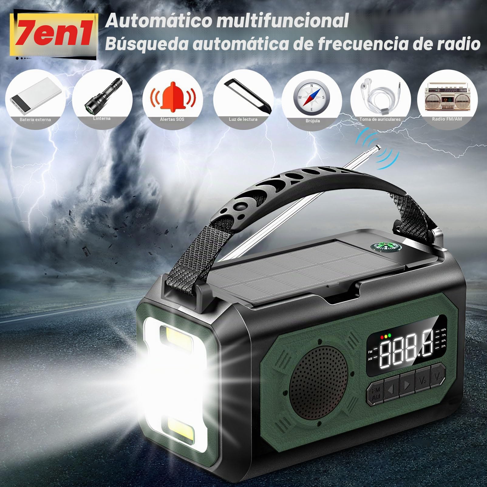 Radio de Manivela de 12000mAh, Radio con 2 Paneles Solares paraRecarga,Rradio de Manivela de Emergencia Am/FM, 3 Modos de Recarga,Radio de Emergencia Portátil 7 en 1, SOS, Linterna y Brújula