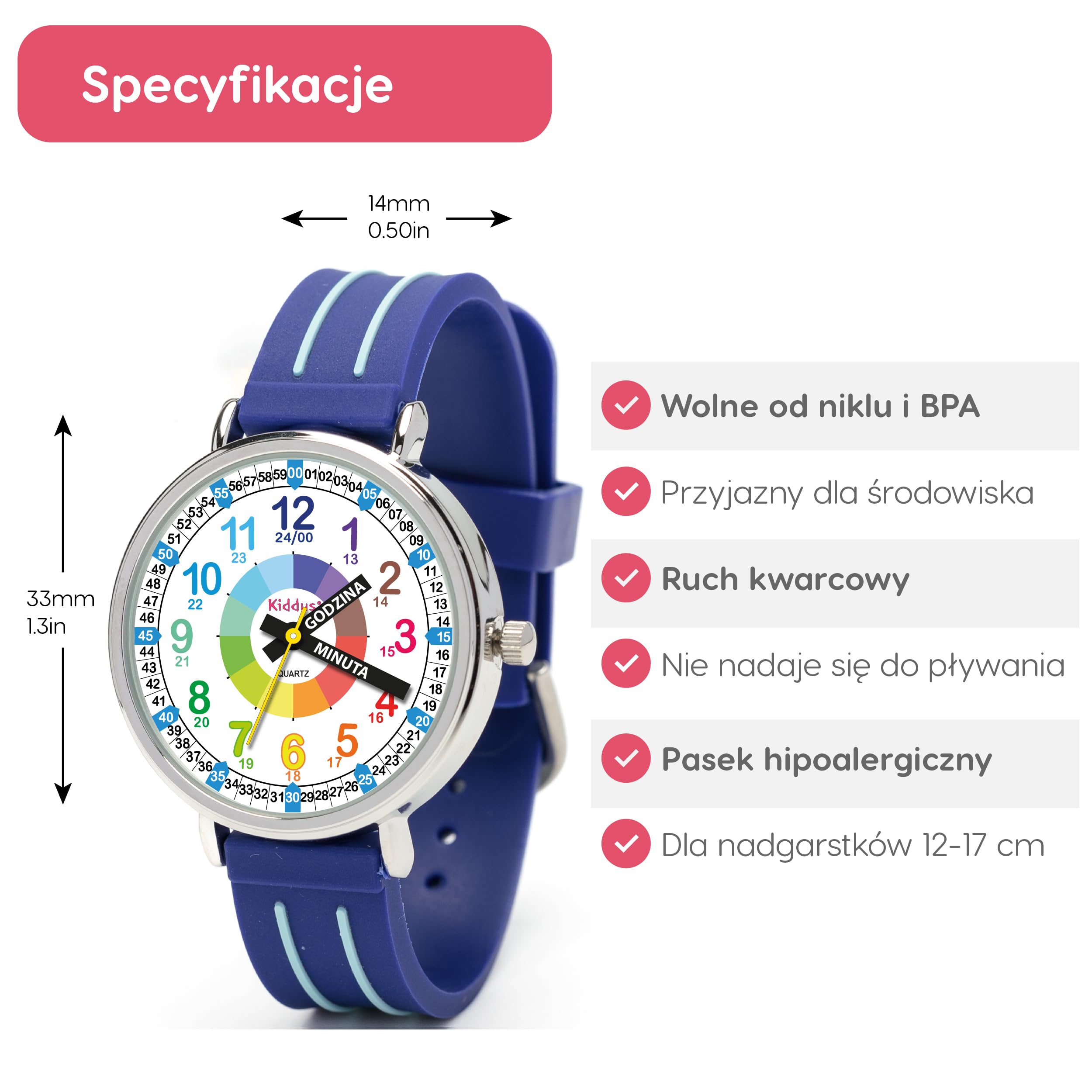 Kiddus Reloj Educativo Infantil para Niño y Niña a Partir de 5 Años, Sumergible 5ATM, Reloj Analógico para Aprender la Hora, Mecanismo Japonés