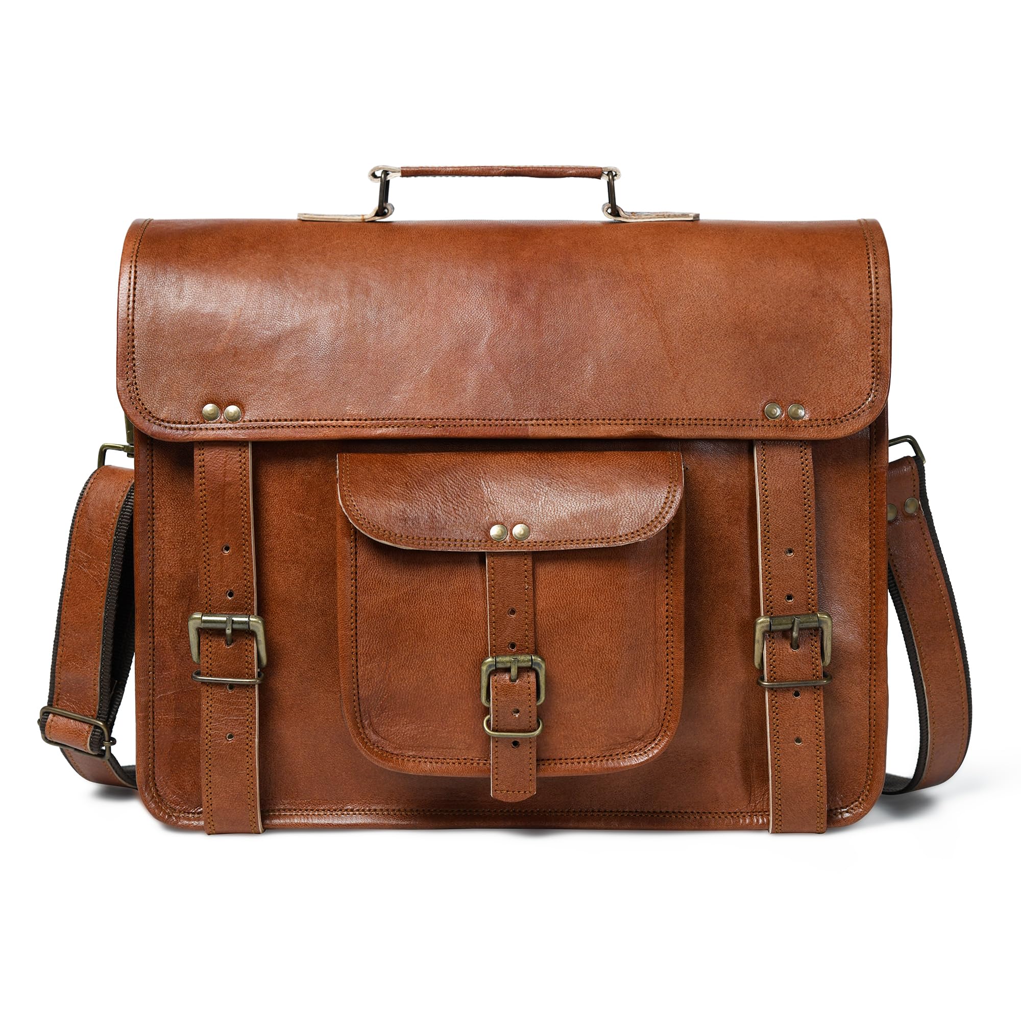 ZUDIC Leather Messenger Bag, Handmade Vintage Satchel for Men, Crossbody Shoulder Bag, Briefcase, Large Laptop Computer Bag, Brown, Genuine Leather