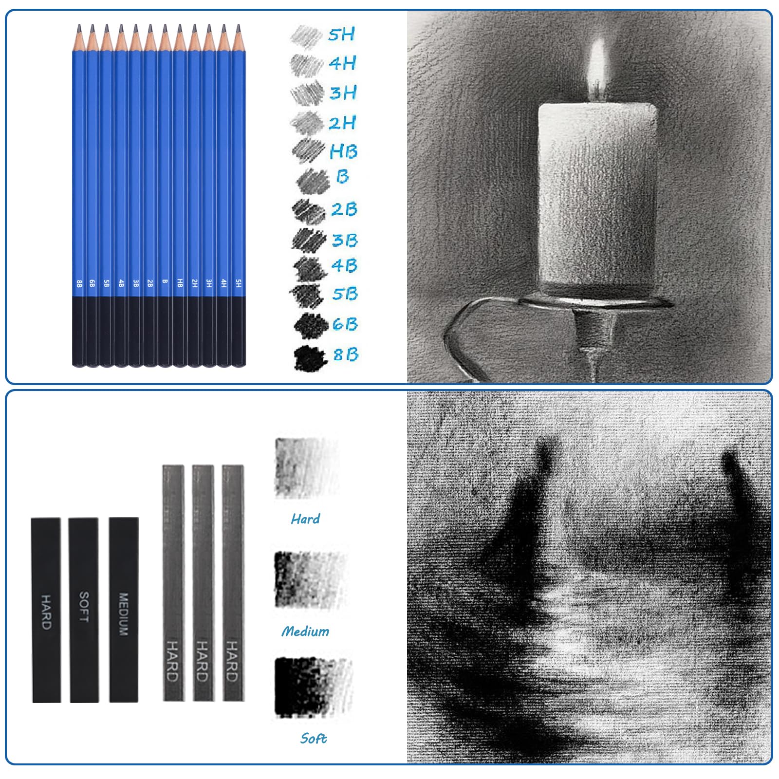 Kit De Dessin Professionnel 33 Pièces - Crayons Graphite 2H à 8B, Fusain, Accessoires - Sac Fourni