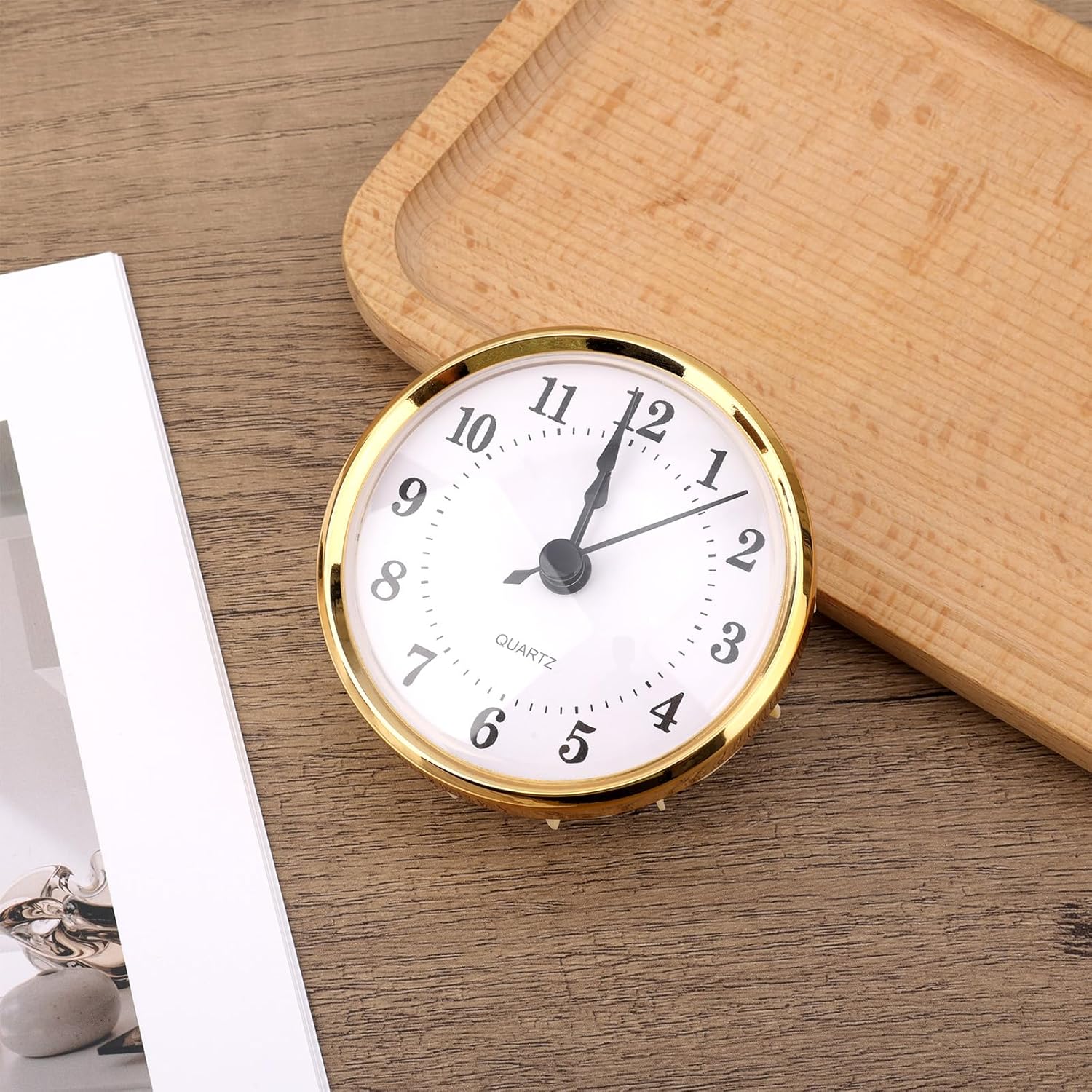 3-1/8 Inch Round Clock Insert, Mini Quartz Movement Clock Insert Gold Trim White Face Arabic Numerals Inserts (Black Second)