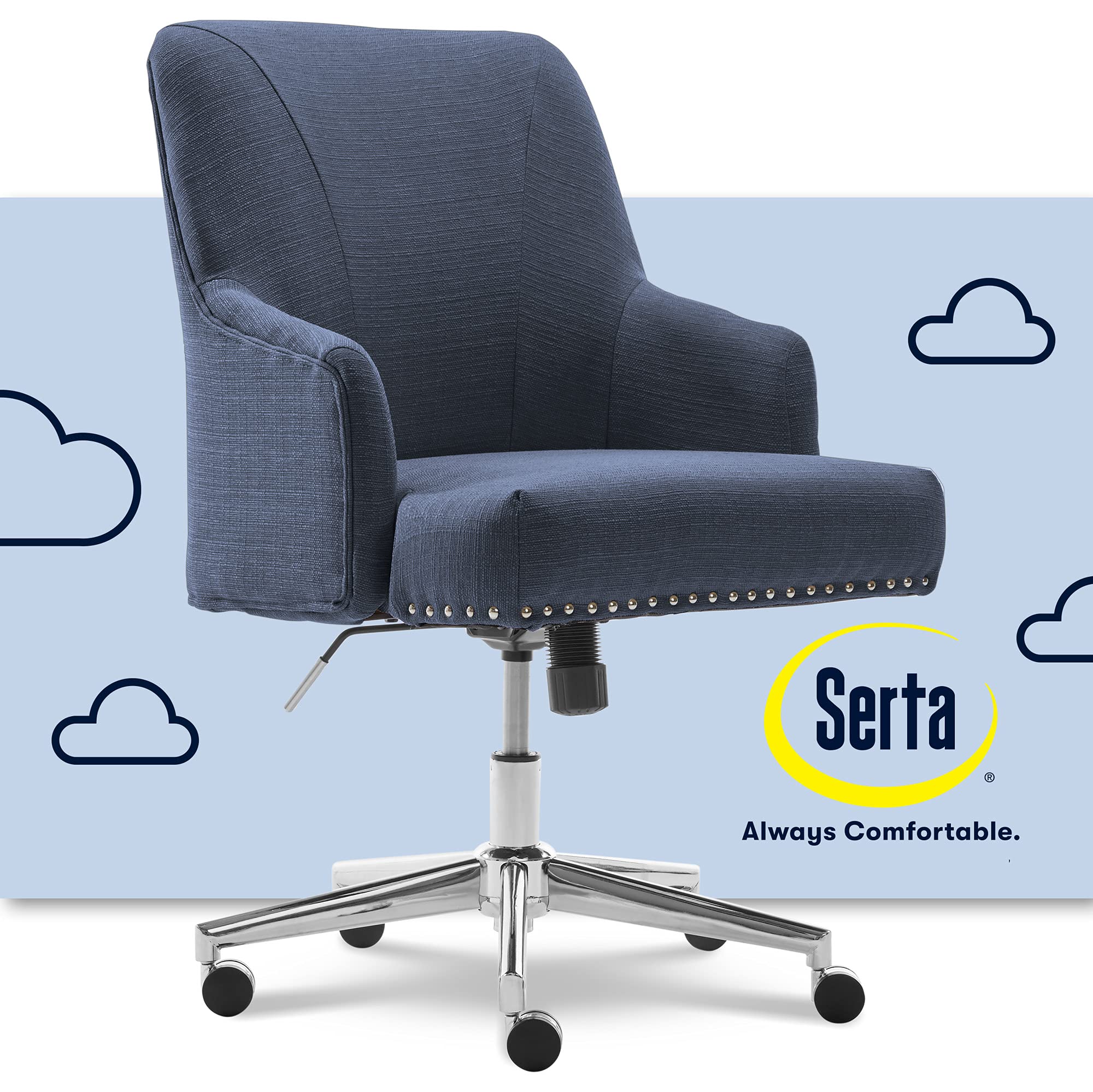 Serta Leighton Home Office Memory Foam, Height-Adjustable Desk Accent Chair with Chrome-Finished Stainless-Steel Base, Twill Fabric, Sanctuary Blue