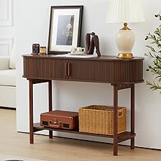 GarveeHome Fluted Console Table with Storage,Wood Sofa Table with Sliding Door,Entryway Table with Storage Space for Living Room,Couch,Hallway,Foyer,Oak