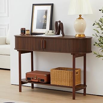 GarveeHome Fluted Console Table with Storage,Wood Sofa Table with Sliding Door,Entryway Table with Storage Space for Living Room,Couch,Hallway,Foyer,Oak