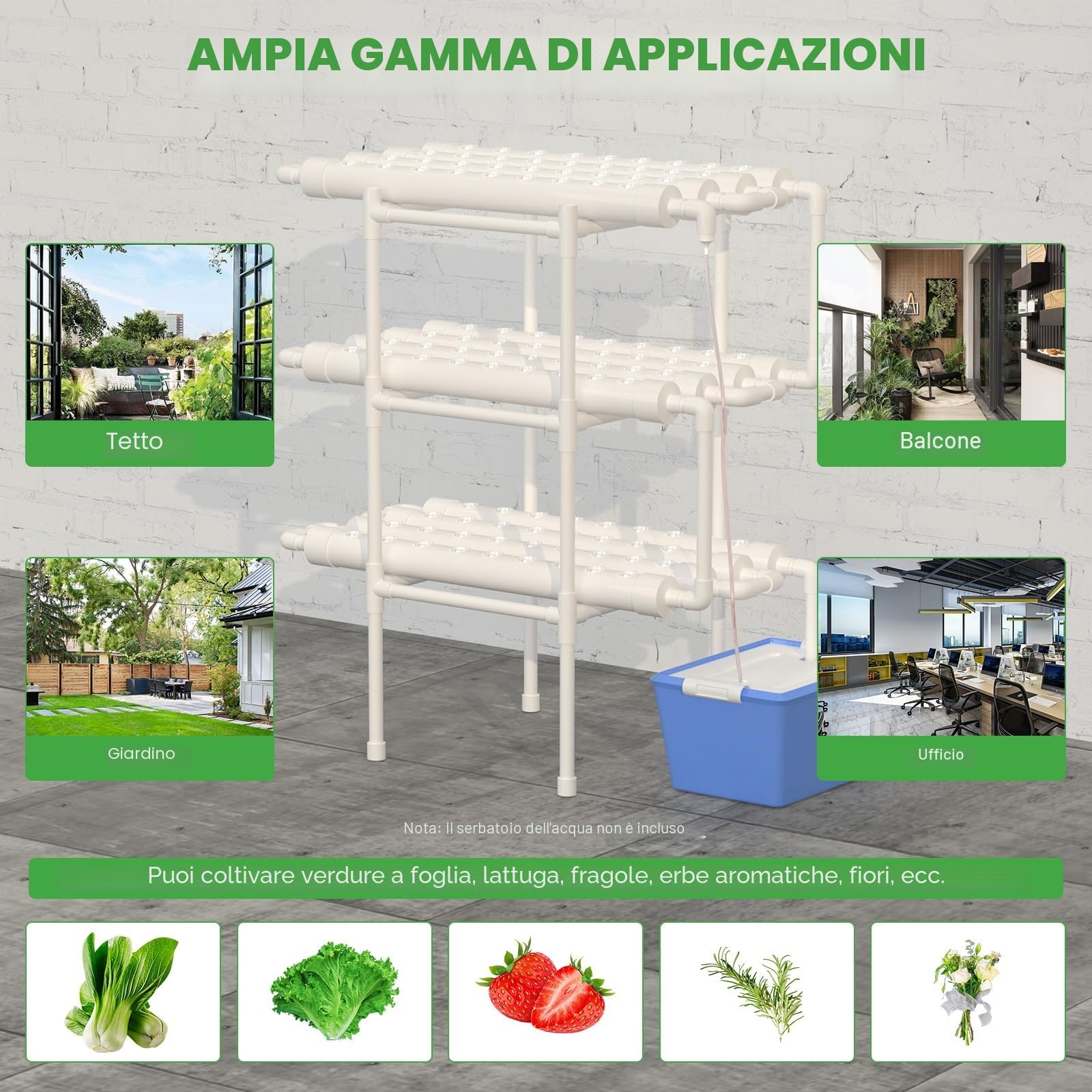 Kit Sistema di Coltivazione Idroponica a 3 Livelli 108 Posti per Ortaggi Kit di Coltivazione Idroponica Sistema di Coltivazione Senza Suolo in PVC Kit Idroponici per Ortaggi a Foglia.