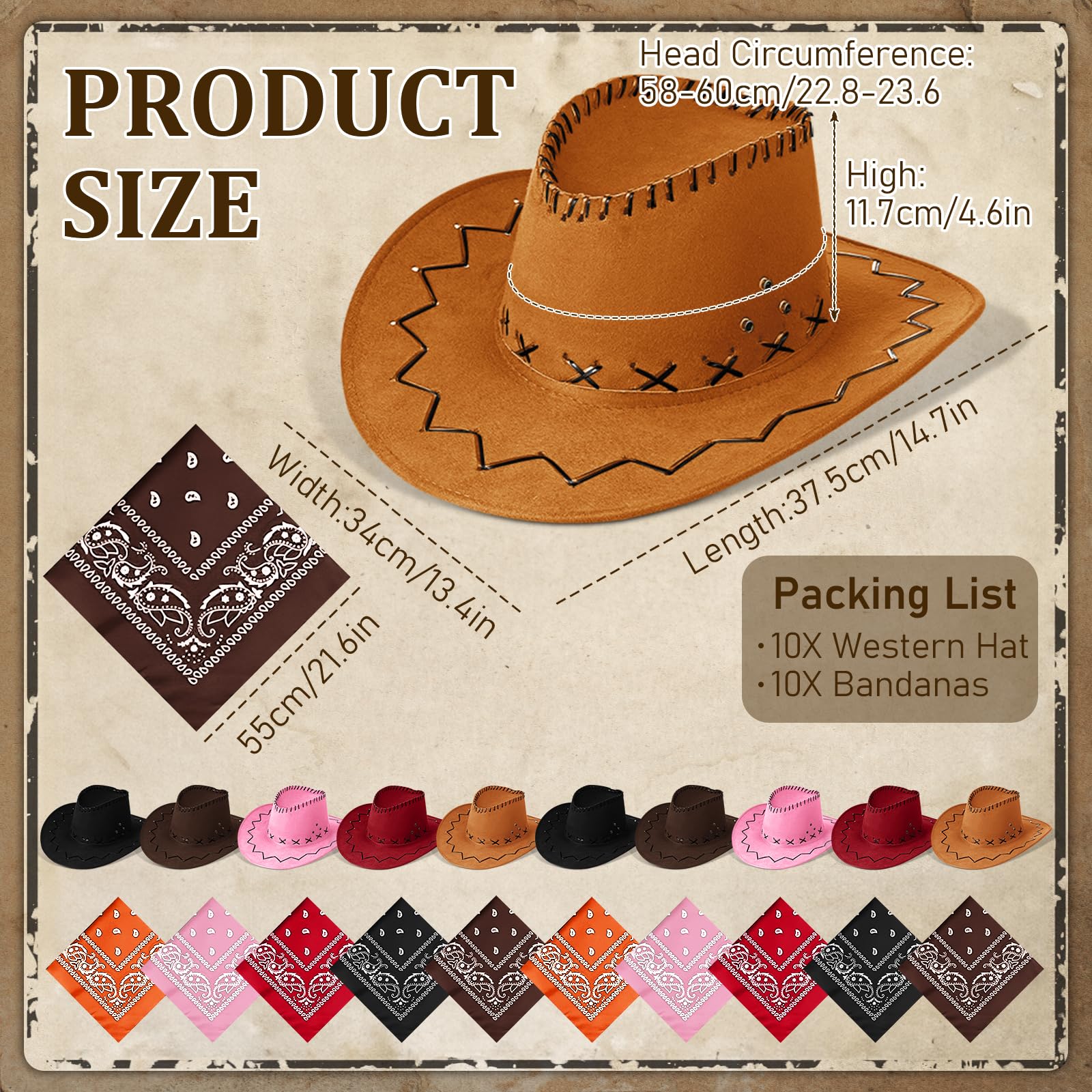 MALLOOM 10 Set Cappello da Cowboy e Bandana per Donne e Uomini, 10 Cappelli da Cowgirl Cowboy, 10 Bandane Western, Accessori per Costume Adulto per Festa a Tema