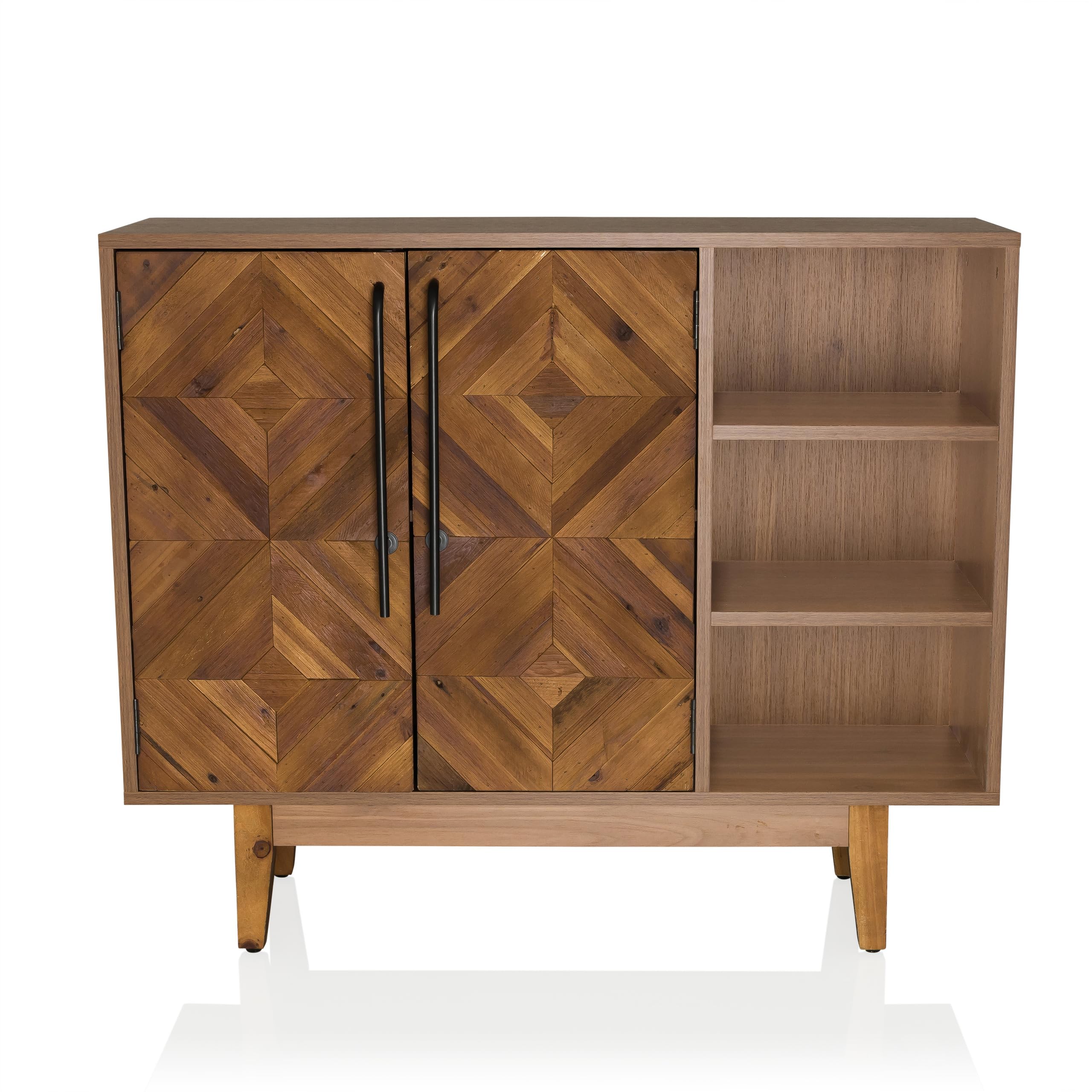 Cómoda de Madera con Aspecto de Espiga SANTJAGO Wood L Cómoda con 2 Puertas y 3 Compartimentos Abiertos, Mueble de almacenaje 95 x 32 x 79,5 cm