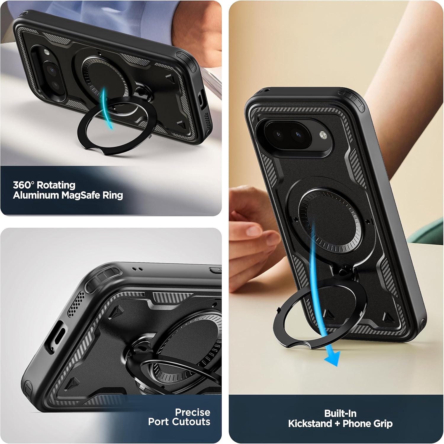 Encased for Google Pixel 9a Case with Belt Clip - Dual-Layer Phone Case with Rotating Magnetic Kickstand and Holster, Black (Compatible with MagSafe)