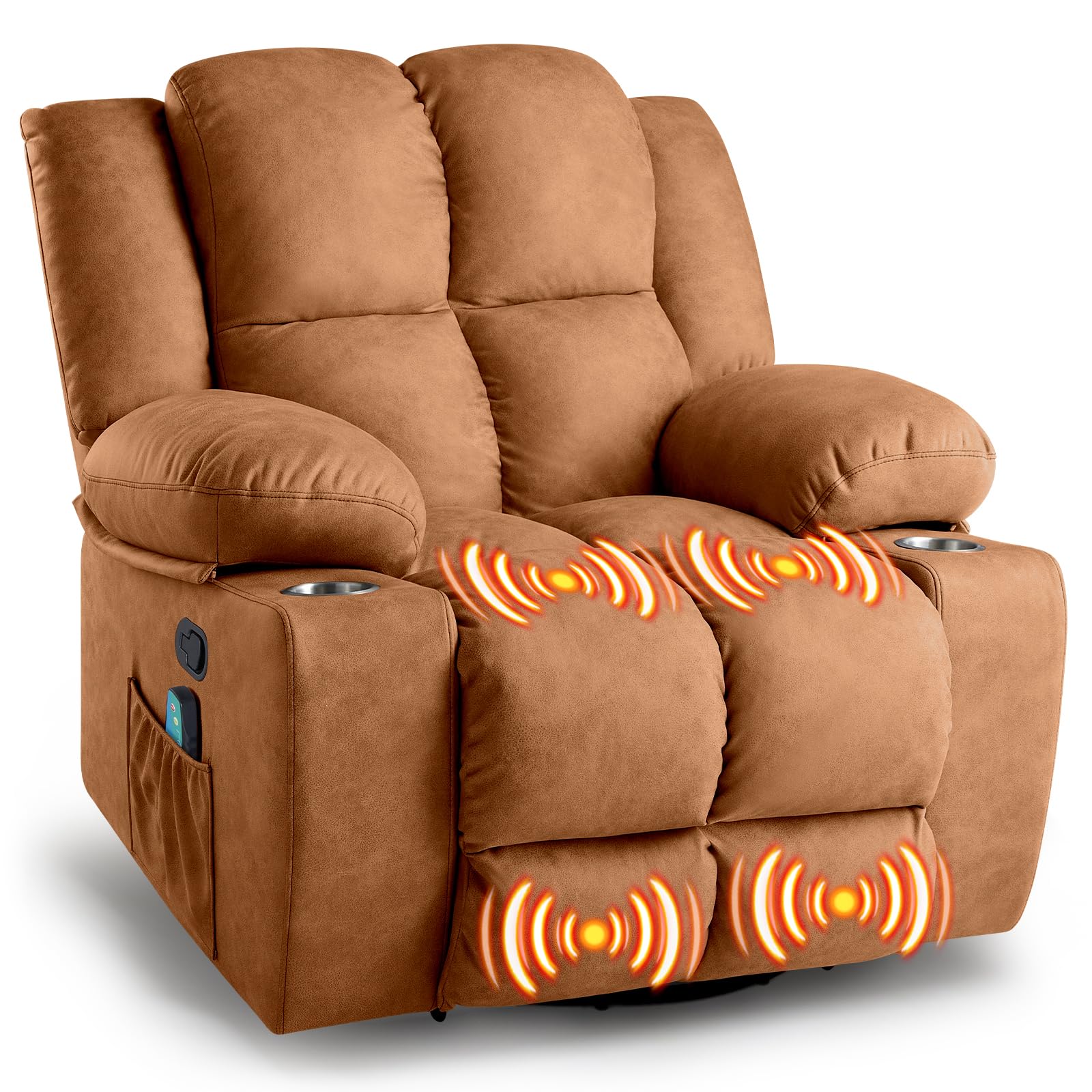 Jocisland Oversized Rocker Recliner Chair with Massage for Living Room, Overstuffed 360° Swivel Single Sofa with Detachable Cup Holders, Home Theater Seating, Brown