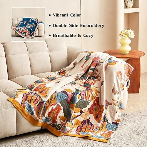 Boho Throw Blanket 100% Cotton Ultra Soft Bed Throw Large Fall Blanket Floral Bird and Butterfly Farmhouse Decor Bed Blankets,60"×80" All Season Blankets for Sofa Couch Chair(Boho-floral-h,50"×60"(Throw))