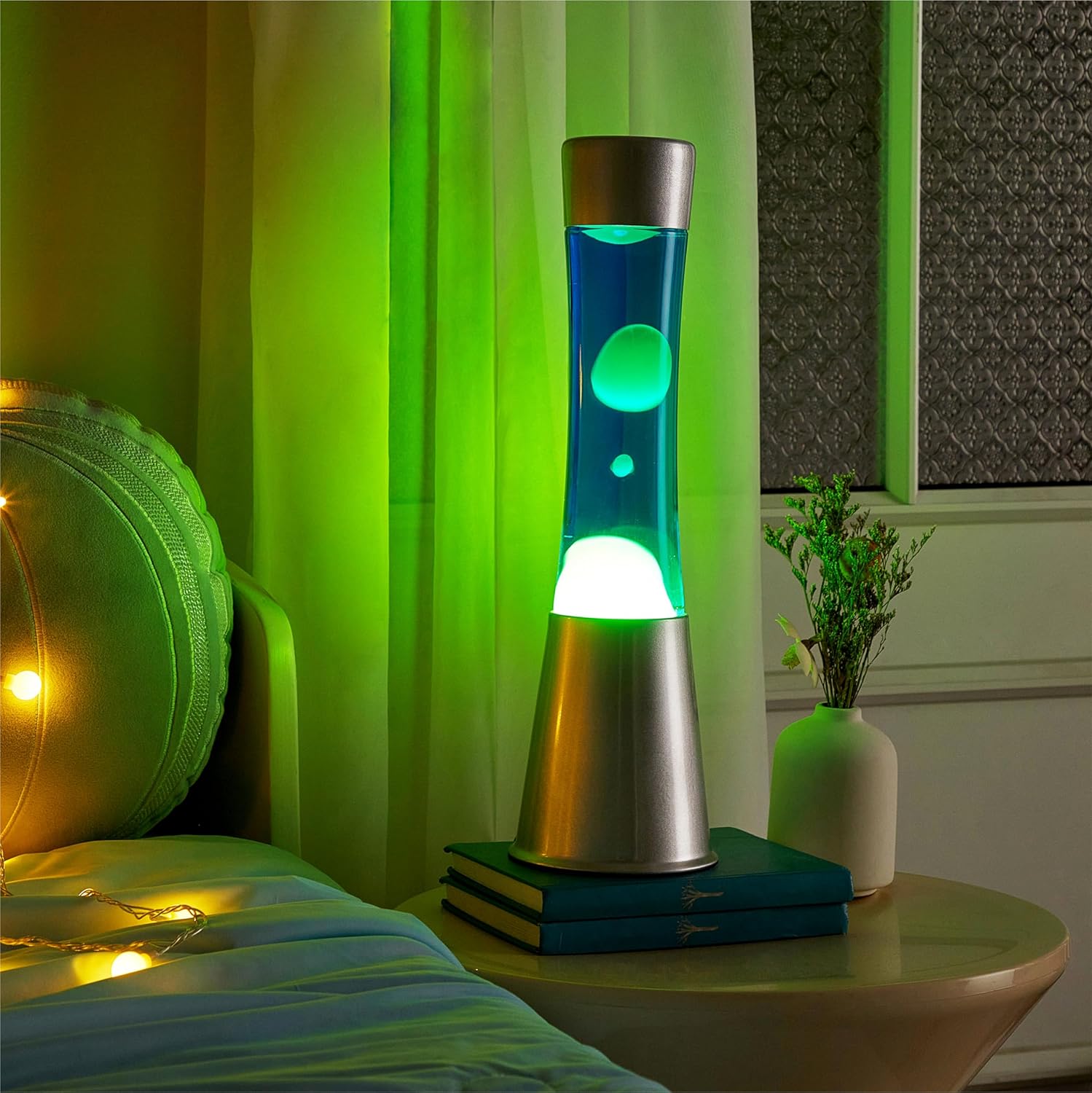 15.43" Cylinder Glow Lamp with Silver Base, Blue Liquid and Green Wax, Novelty Lamp and Home Décor for Adults, Teens and Kids
